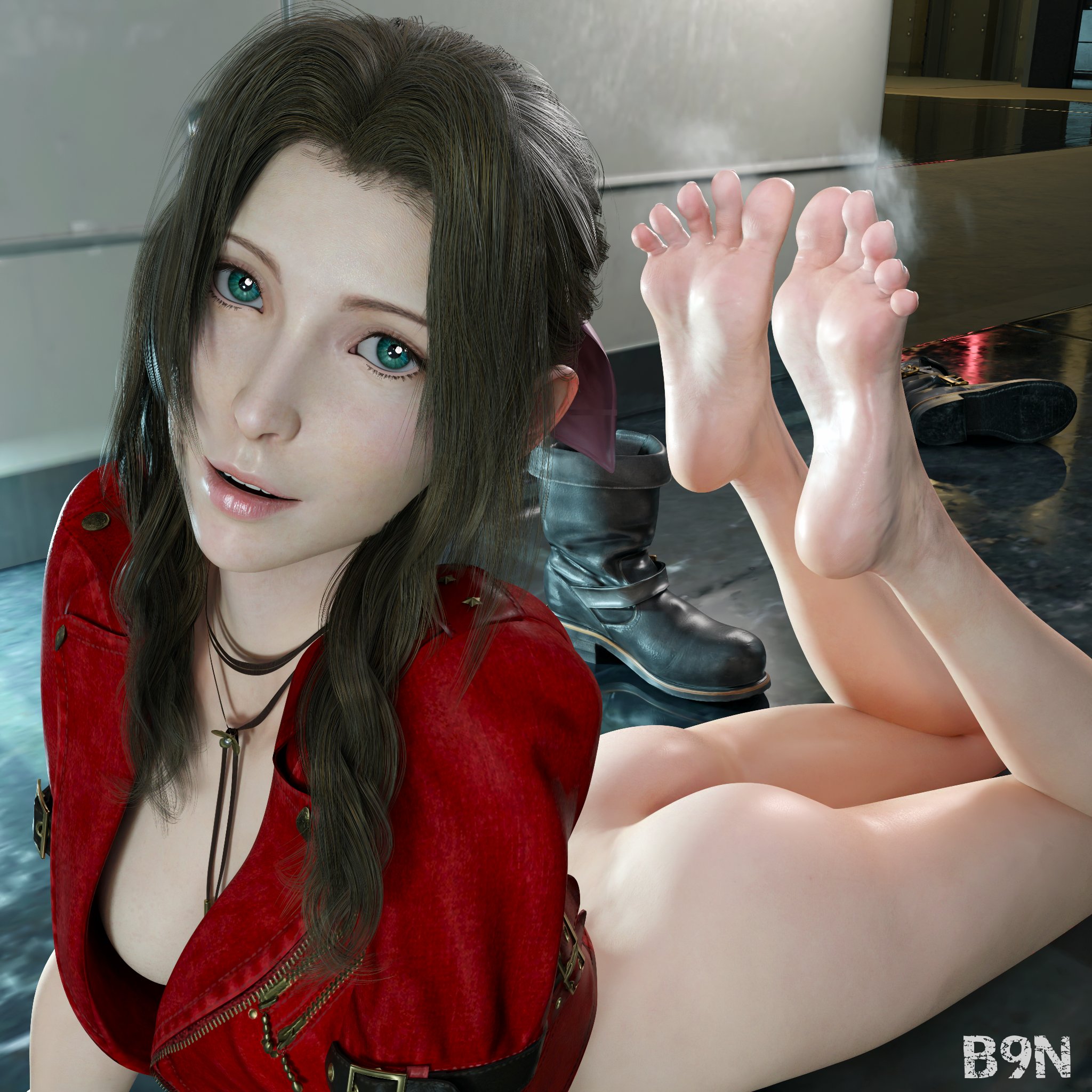 1girls, 3d, aerith gainsborough, ass, b9n, barefoot, bottomless, bottomless female, bubble butt, cropped jacket, female, female only, final fantasy, final fantasy vii, jacket, smelly feet, soles, steamy feet