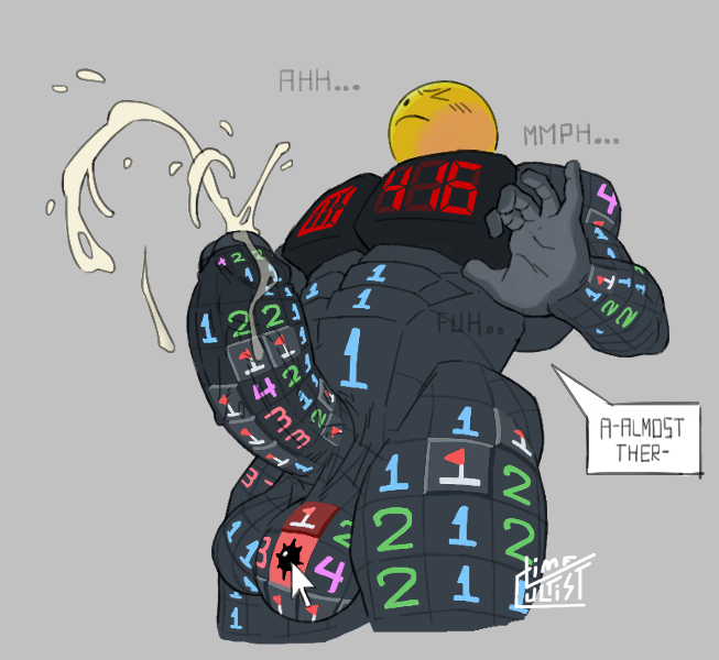 1boy, 2026, 2d, 2d (artwork), abs, animate inanimate, artist signature, balls, bara, barazoku, big balls, big pecs, big penis, black body, circular head, color, colored, cultistlime, cum, cumming, cursor, dialogue, digital drawing (artwork), digital media (artwork), ejaculation, english text, erect penis, erection, huge balls, huge cock, lemonzealot, limecultist, male, male only, manly, minesweeper, moaning, mouse cursor, muscular, muscular humanoid, muscular male, orgasm, pecs, penis, simple background, solo, solo male, speech bubble, text, thick penis, thick thighs, veiny penis