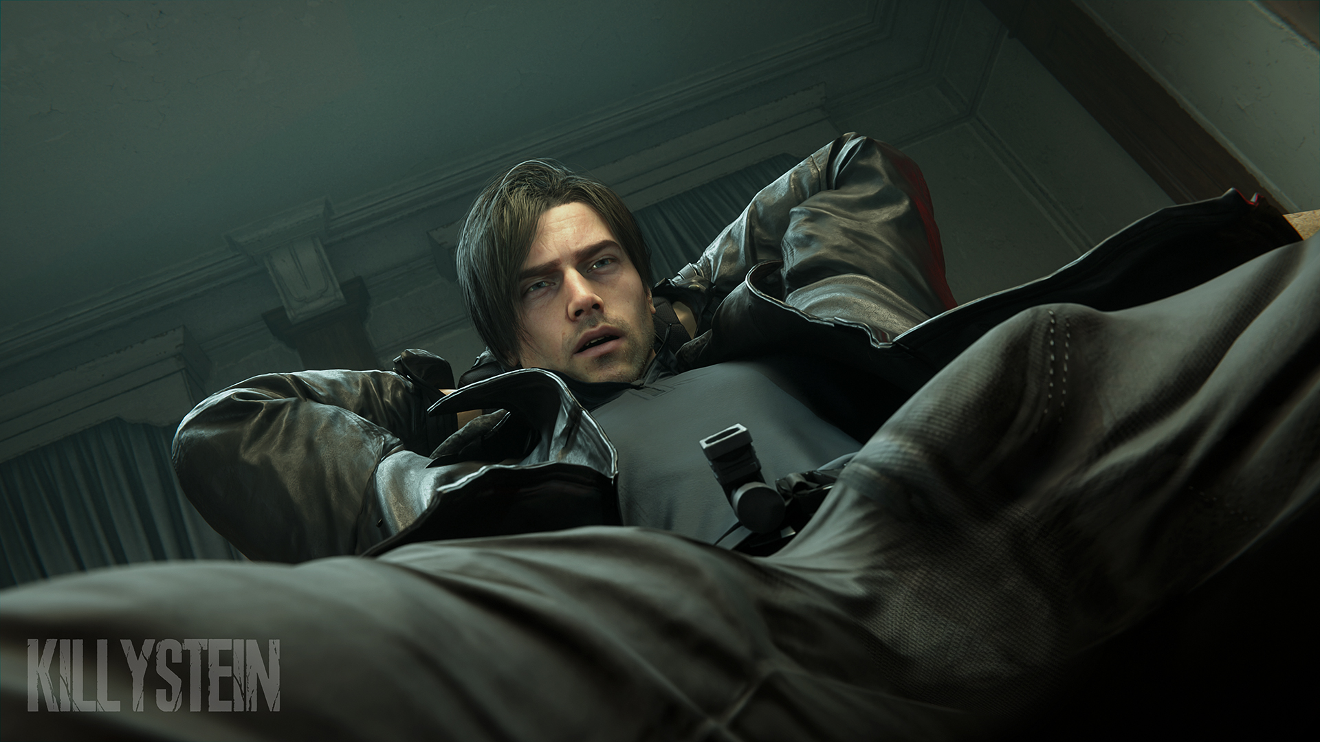 bara, bulge, bulge through clothing, clothing, dilf, fully clothed, gay, killystein, leon scott kennedy, male only, manspreading, mature male, resident evil