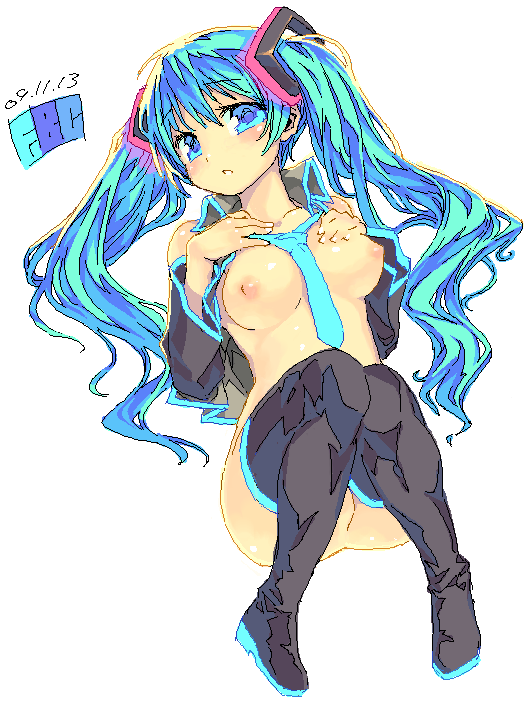 2010 blue_eyes blue_hair blush detached_sleeves fbc female hatsune_miku large_breasts long_hair necktie solo thighhighs twintails vocaloid