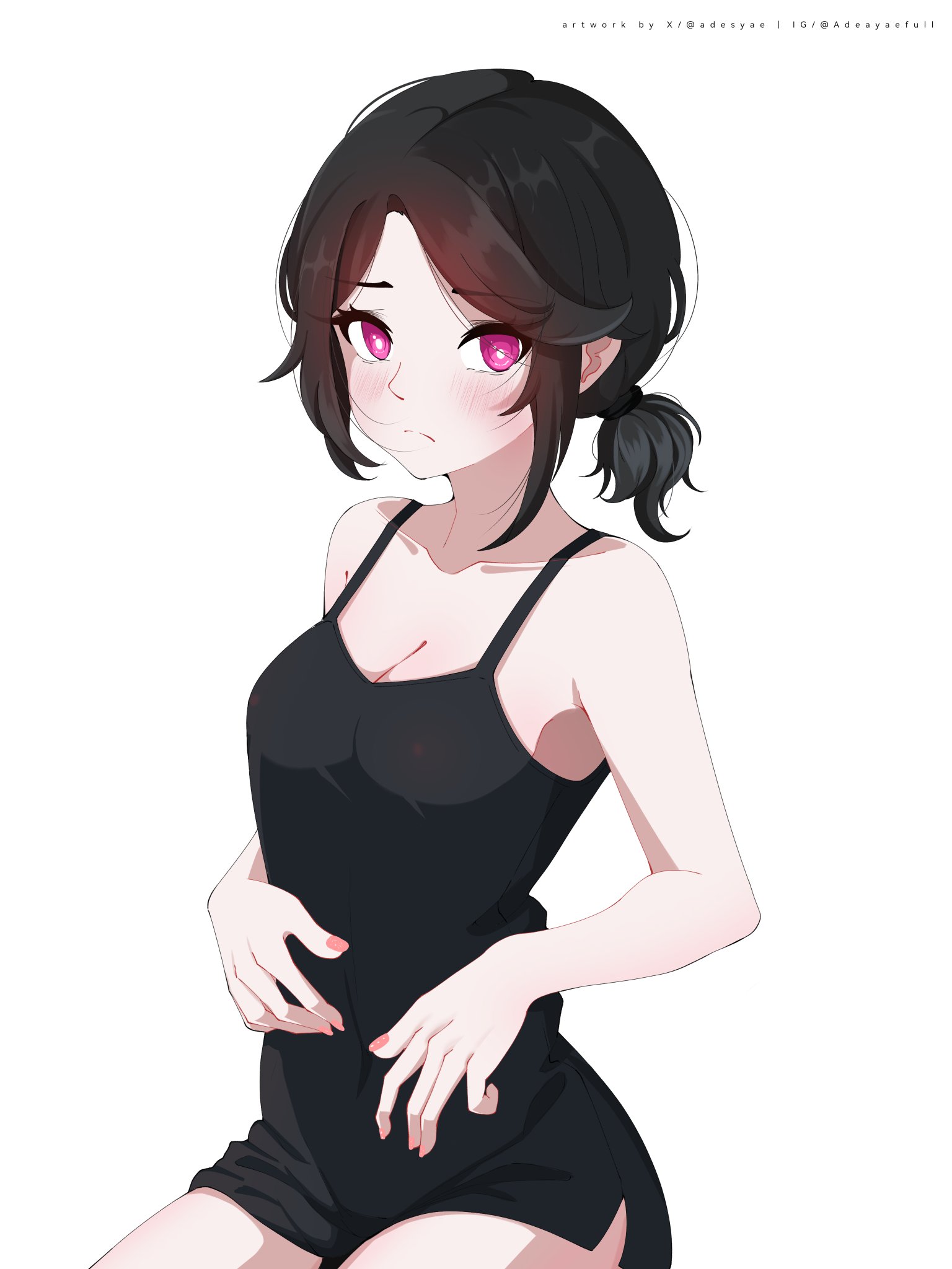 adesyaefull, alternate costume, artist name, ashley graves, bare arms, bare shoulders, black dress, black hair, blush, breasts, bright pupils, cleavage, closed mouth, collarbone, commentary, cowboy shot, dress, english commentary, female, from above, frown, hair tie, hands on own stomach, highres, looking at viewer, low ponytail, medium breasts, nail polish, orange nails, parted bangs, pink eyes, ponytail, raised inner eyebrows, short dress, short hair, short ponytail, side slit, sideboob, simple background, sitting, sleeveless, sleeveless dress, solo, tareme, the coffin of andy and leyley, watermark, white background, white pupils