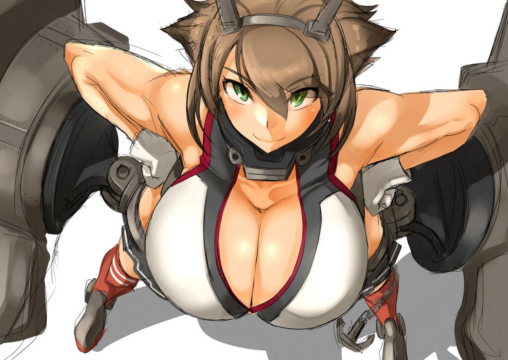 anchor, bare shoulders, breasts, brown hair, cleavage, female, from above, gloves, huge breasts, kantai collection, looking at viewer, mutsu (kantai collection), nuezou, short hair, simple background, smile, solo