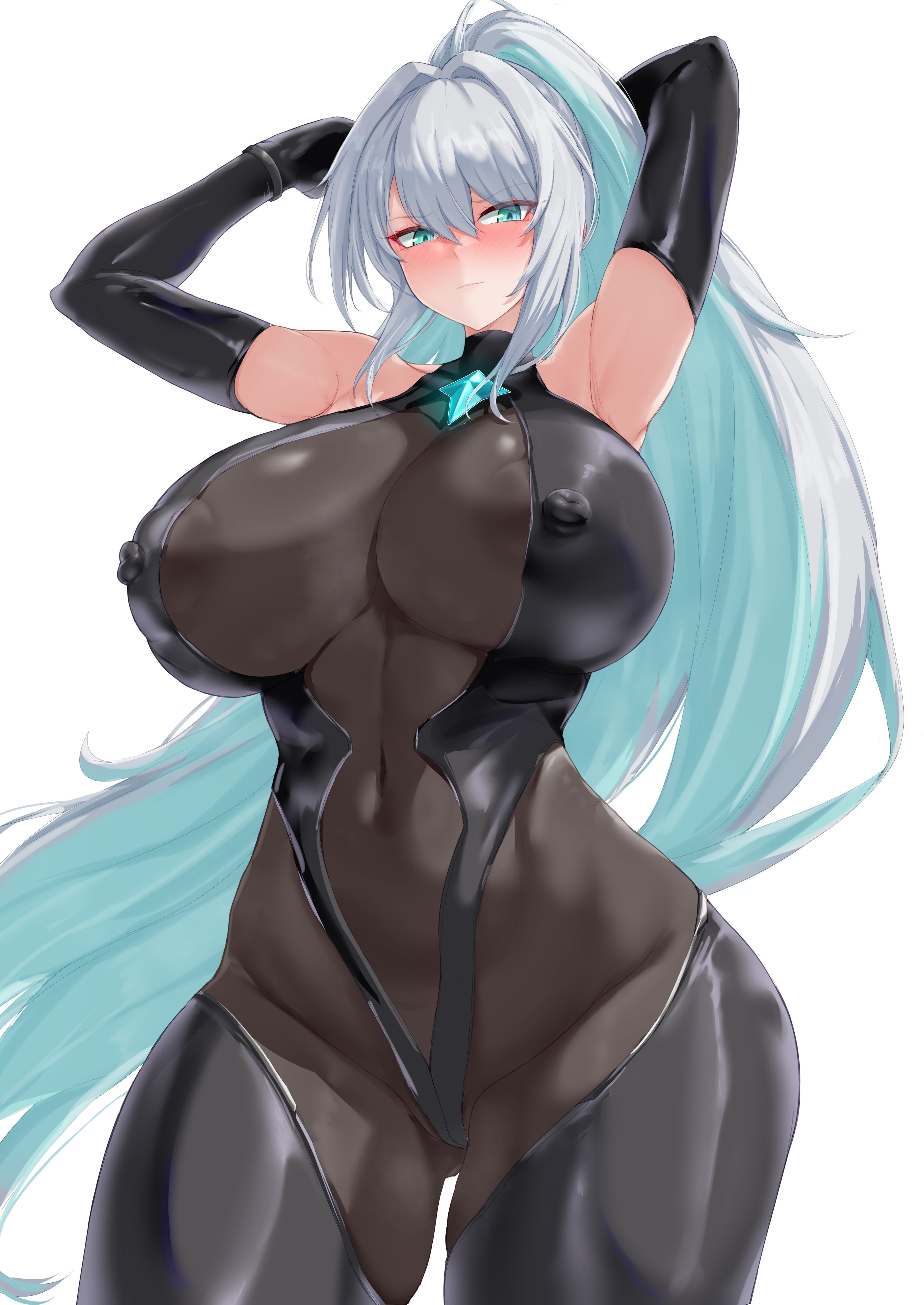 1girls, armpits, arms behind head, arms up, big areola, big breasts, black ark ranger, blush, cute, female focus, female only, fully clothed, gloves, goddess of victory: nikke, jefflink, long hair, perky nipples, ponytail, shy, skin tight, skinsuit, solo female, thick thighs, toned, toned female, visible nipples, white background, wide hips