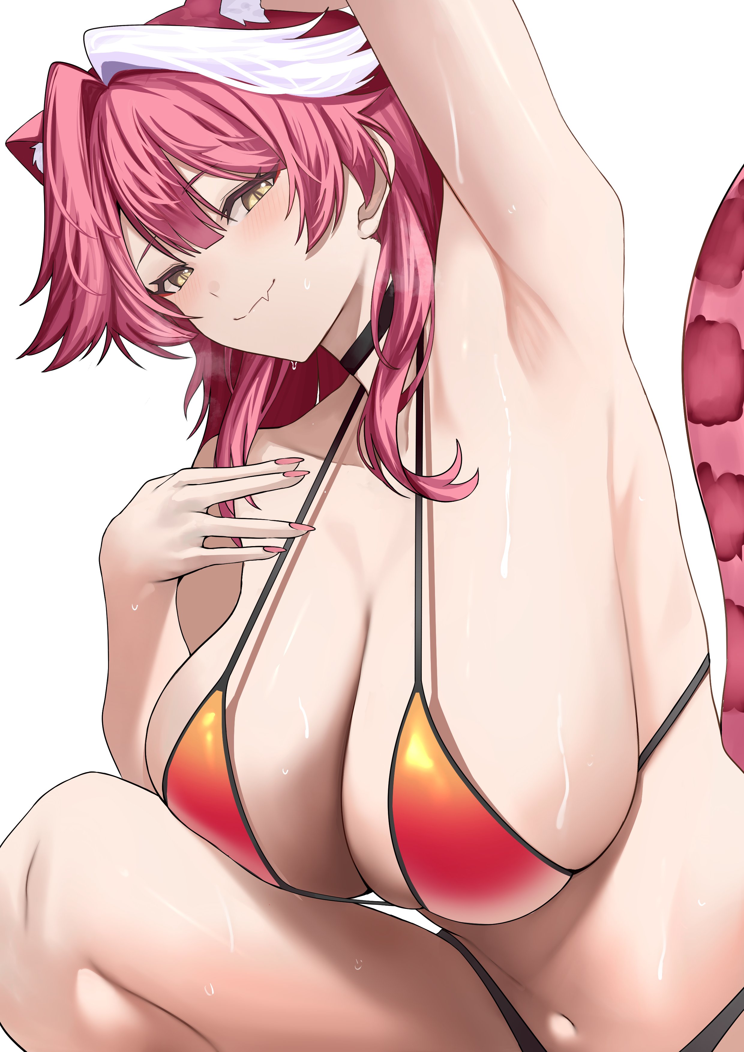 absurdres, animal ears, arm up, armpits, bikini, black choker, blush, breasts, choker, cleavage, closed mouth, collarbone, commentary, extra ears, female, gradient bikini, grey background, hair intakes, highres, hololive, hololive english, huge breasts, long hair, looking at viewer, multicolored hair, navel, oerba yun fang, panther ears, panther girl, panther tail, pink hair, pink tail, raora panthera, red bikini, revision, si farid, simple background, skin fang, smile, solo, stomach, streaked hair, sweat, swimsuit, tail, thighs, two-tone hair, virtual youtuber, white hair, yellow bikini, yellow eyes