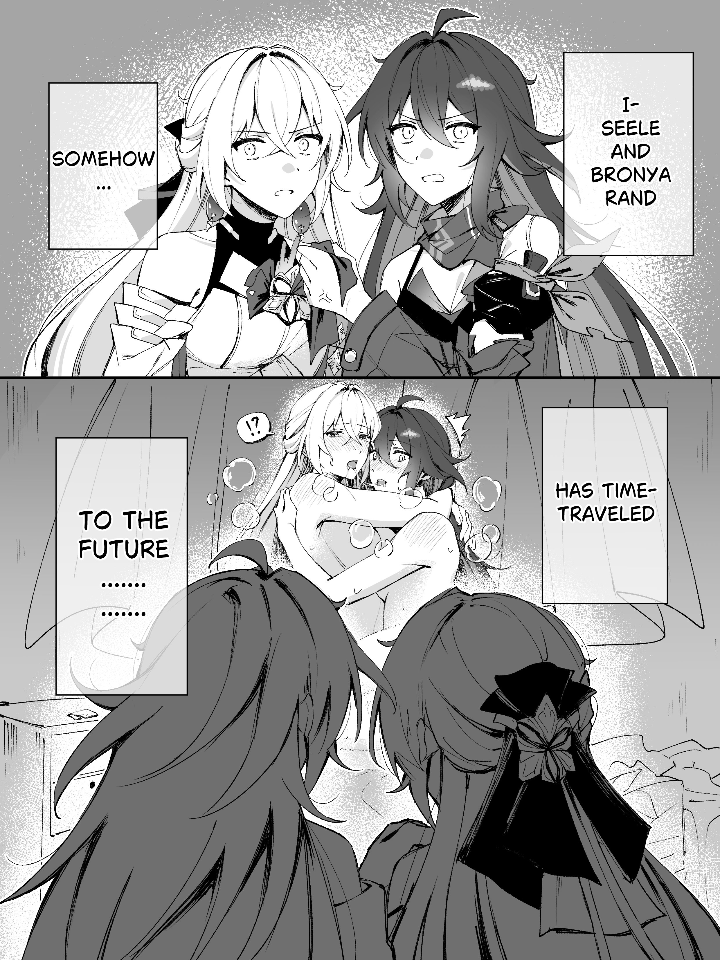 blush, bronya rand, caught in the act, clothed, clothes, clothing, dominant female, female, female focus, female only, greyscale, honkai (series), honkai: star rail, hoyoverse, instant loss, long hair, meme, monochrome, naked, naked female, natsuki2917, nude, nude female, saliva trail, seele (honkai: star rail), somehow has time-traveled (meme), submissive female, time travel, yuri