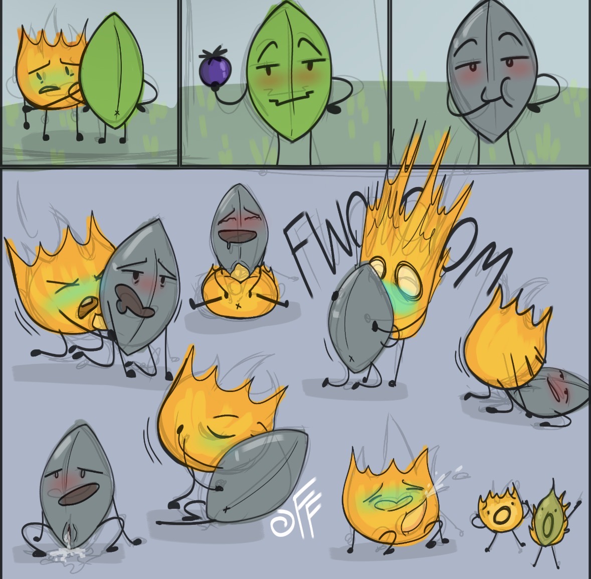 1boy, 1girls, 2d, 2d (artwork), anal, anal penetration, battle for dream island, battle for dream island again, bfb, bfdi, bfdia, blowjob, butt, cum, cumming, digital drawing (artwork), fire, firey (bfdi), fizzyfox (artist), genitals, jacknjellify, jnj, kiss, kissing, leaf, leafy (bfdi), looking pleasured, love, loving couple, metal leafy, metallic body, missionary position, object show, object show community, object shows, on fire, oral, osc, penis, penis in pussy, reverse cowgirl position, sex, vaginal penetration