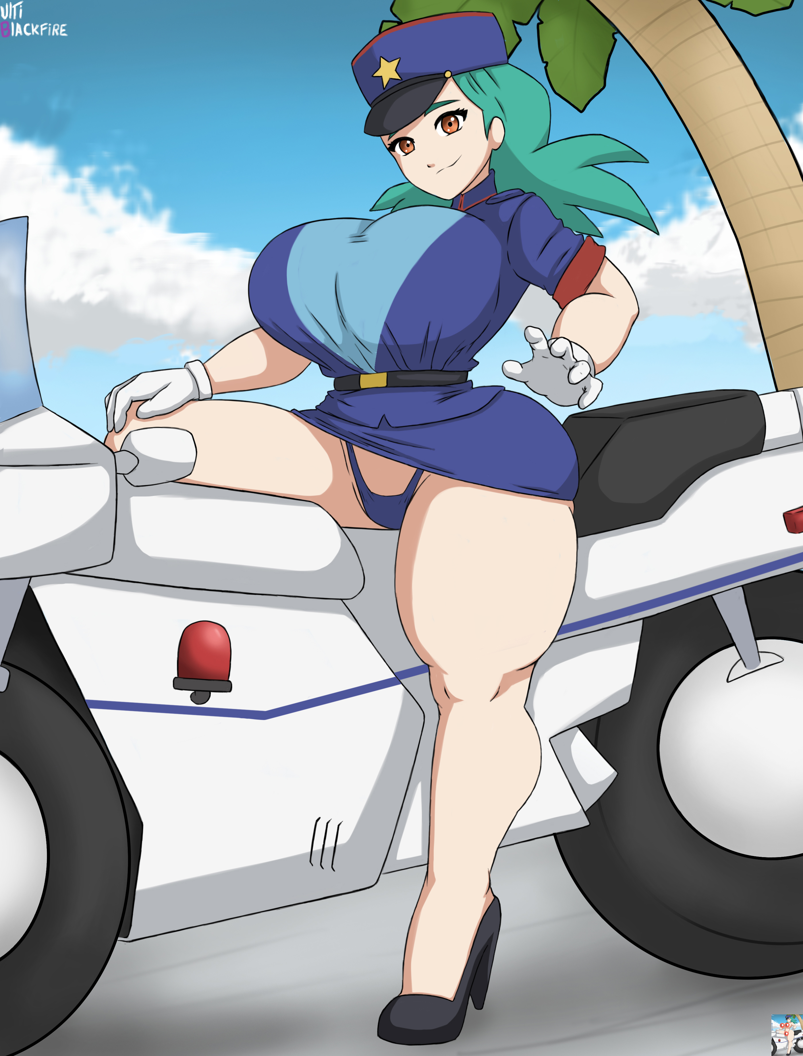 alternate breast size, ass, breasts, clouds, female, female only, high heels, huge breasts, motorcycle, officer jenny (pokemon), pokemon, police, policewoman, sky, thong, tree, ultiblackfire, upskirt, voluptuous