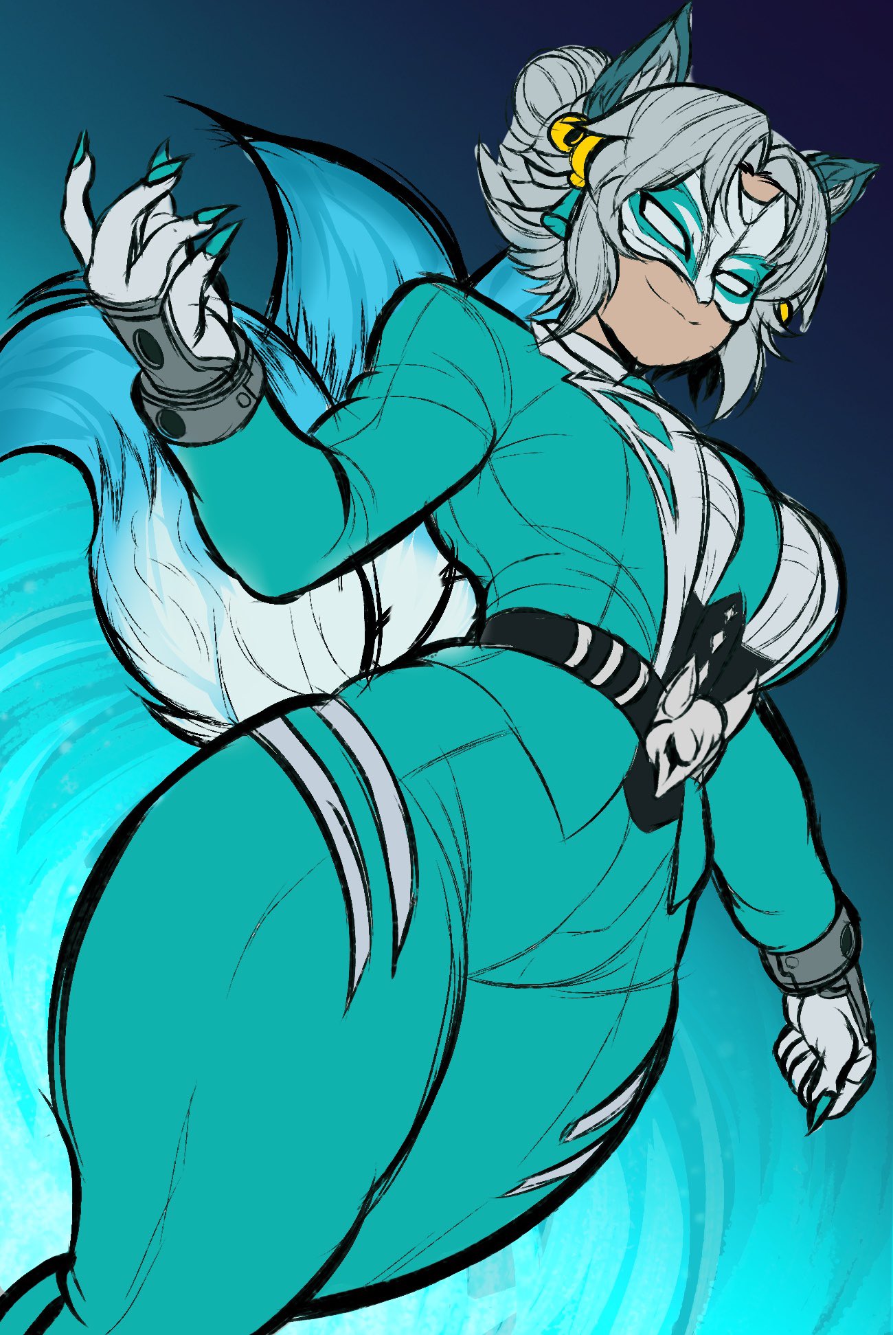 1girls, 2d, ami han, animal ear fluff, animal ears, aqua jacket, aqua nails, aqua necktie, aqua pants, aqua suit, bell, clawed fingers, clawed gloves, claws, collared shirt, commentary, covered eyes, energy, english commentary, eye mask, female, female only, fiery tail, fingernails, fire, formal clothes, fox ears, fox girl, fox tail, gloves, hair bell, hair bun, hair ornament, hand up, highres, jacket, kwalker1009, long sleeves, marvel, marvel rivals, mask, masked, masked female, necktie, open clothes, open jacket, pants, parted hair, sharp fingernails, shirt, single hair bun, solo, standing, suit, suit and tie, suit jacket, suit pants, tail, thick, thick thighs, thighs, tie, very long fingernails, white fox (marvel rivals), white fox (marvel), white gloves, white hair, white shirt