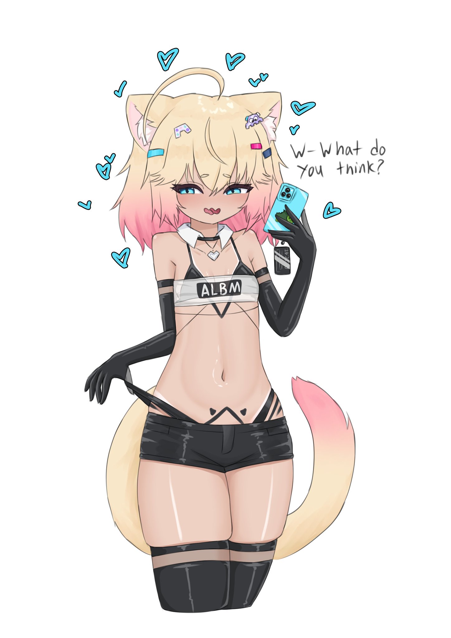 blonde hair, blue eyes, cat ears, cat tail, catgirl, indie virtual youtuber, minikomew, phone, szpecter, tagme, tan, tanline, tanline peek, tanned, tanned female, tanned girl, tanned skin, virtual youtuber