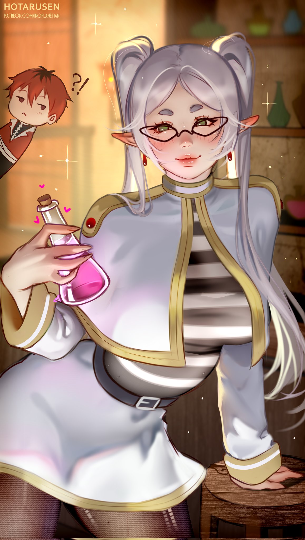 1boy, 1girls, 2026, areolae, blush, breasts, clothed, clothing, curvy, curvy body, curvy female, curvy figure, curvy hips, elf, elf ears, elf female, female, frieren, frieren beyond journey's end, glasses, green eyes, hi res, hotaru sen, hourglass figure, long hair, male, pantyhose, potion bottle, red hair, sousou no frieren, stark (sousou no frieren), thick legs, tits, torn pantyhose, twintails, variant, variant set, veiny breasts, white hair, wide hips, wide thighs