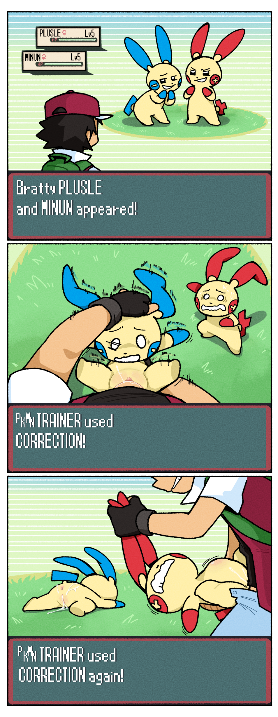 1boy, 2girls, 3 panel comic, absurd res, after rape, after sex, anus, baseball cap, bodily fluids, brat taming, bratty correction, clothed, clothed sex, clothing, cum, cum in pussy, cum inside, cum on ass, defeat, defeat sex, defeated, ear grab, english text, fear, female, female symbol, fingerless gloves, fullhero, gameplay mechanics, gender symbol, generation 3 pokemon, genital fluids, gloves, group, gui, hand on head, handwear, hat, headgear, headwear, health bar, hi res, hud, human, interspecies, laying on ground, male, male human/female pokemon, male/female, mammal, minun, motion lines, nintendo, penetration, plusle, pokemon, pokemon (species), pokemon focus, pokemon trainer, pokephilia, rape, sex, size difference, smaller female, smaller female larger male, smile, stomach bulge, sweat, sweatdrop, symbol, text, text box, trio, unzipped, unzipped pants, vaginal penetration, zipper