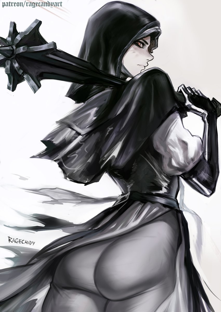 ass, ass focus, big ass, bubble butt, butt, clothed, dat ass, elden ring, elden ring nightreign, fat ass, large ass, looking at viewer, looking back, pale skin, pale-skinned female, ragecndy, solo, solo female, undertaker (nightreign), yellow eyes