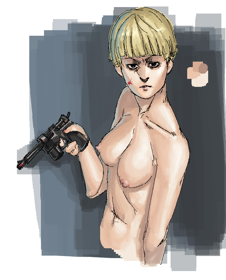 attack_on_titan blonde_hair bowl_cut breasts firearm frown gun mayikillu nude short_hair tall tall_female very_short_hair yelena_(attack_on_titan)