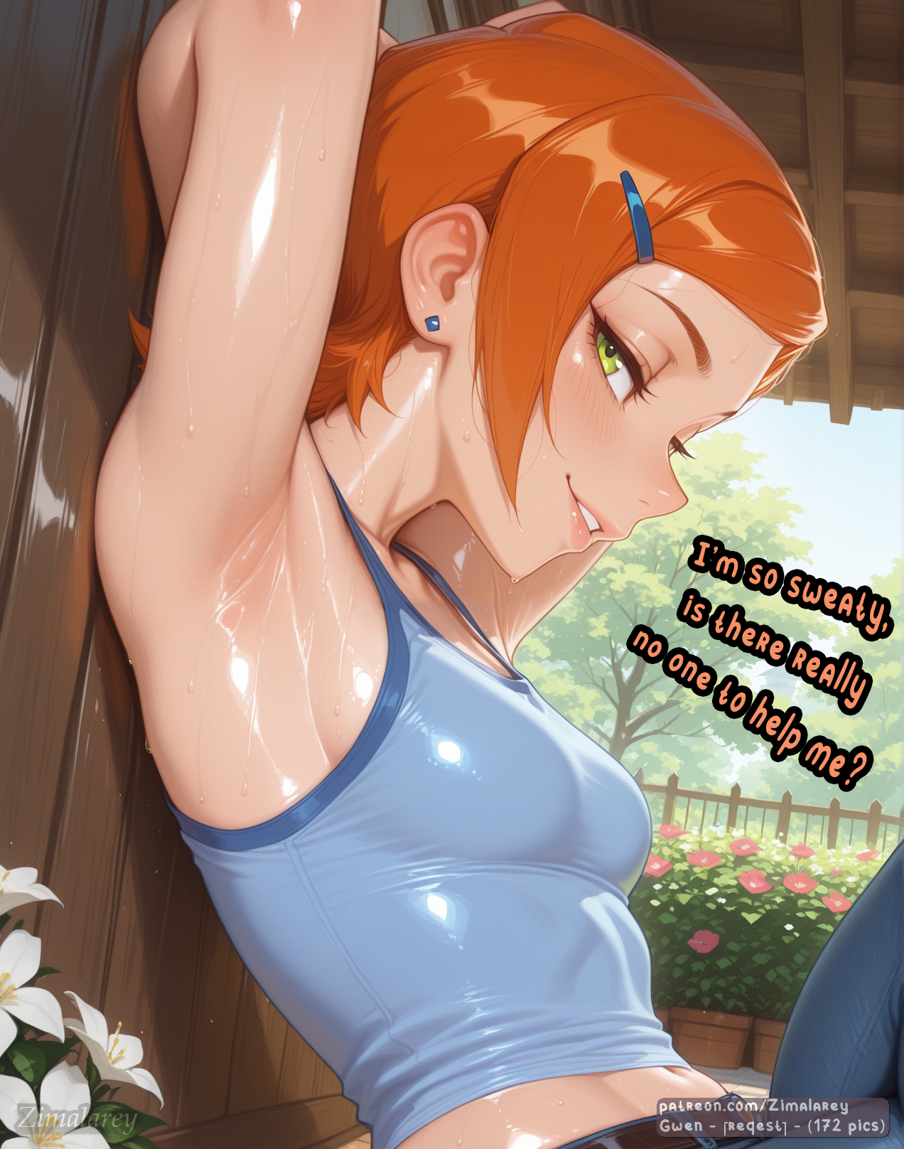 ai generated, armpit, armpit fetish, armpits, ben 10, comic, gwen tennyson, looking at viewer, sweat, tank top, teenage girl, teenager, text, young, younger female, zimalarey