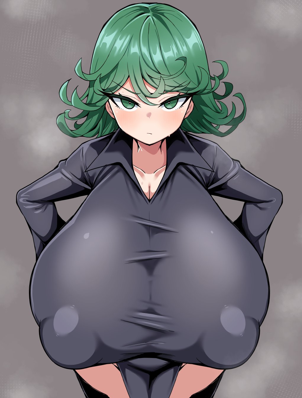 1girls, alternate breast size, angry face, bare legs, black dress, blush, breasts, cleavage, detritus, dress, duvet208, female, female only, green eyes, green hair, huge breasts, light skin, light-skinned female, looking at viewer, nipple bulge, nipples visible through clothing, no panties, one-punch man, shortstack, solo, tatsumaki, thick thighs