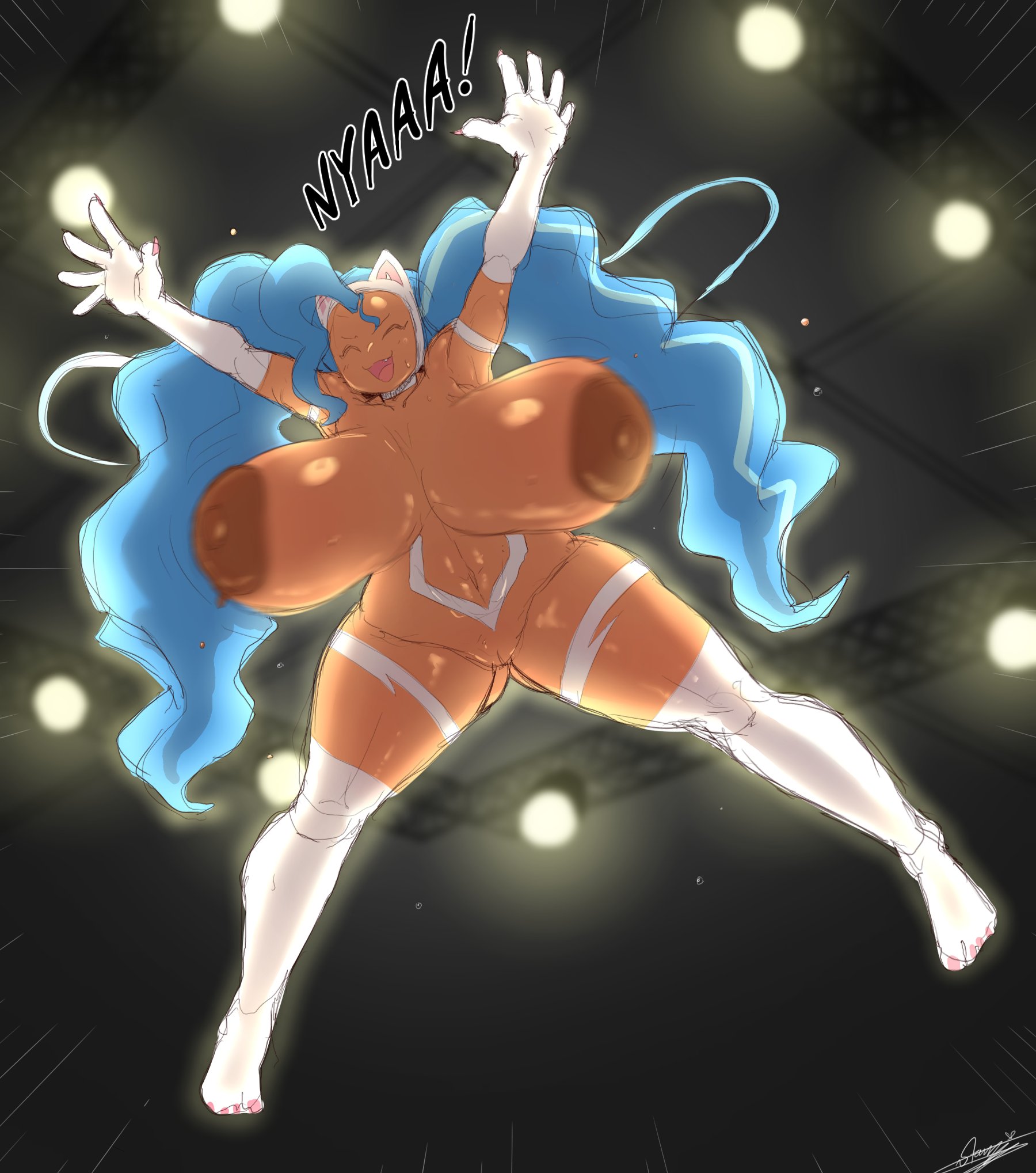 1girls, animal ears, areolae, blue hair, breasts, breasts apart, capcom, cat ears, cat tail, darkstalkers, felicia, felicia (darkstalkers), female, female only, huge breasts, humanoid, large breasts, light skin, light-skinned female, long hair, low-angle view, nipples, pale skin, solo, starykrow, white fur