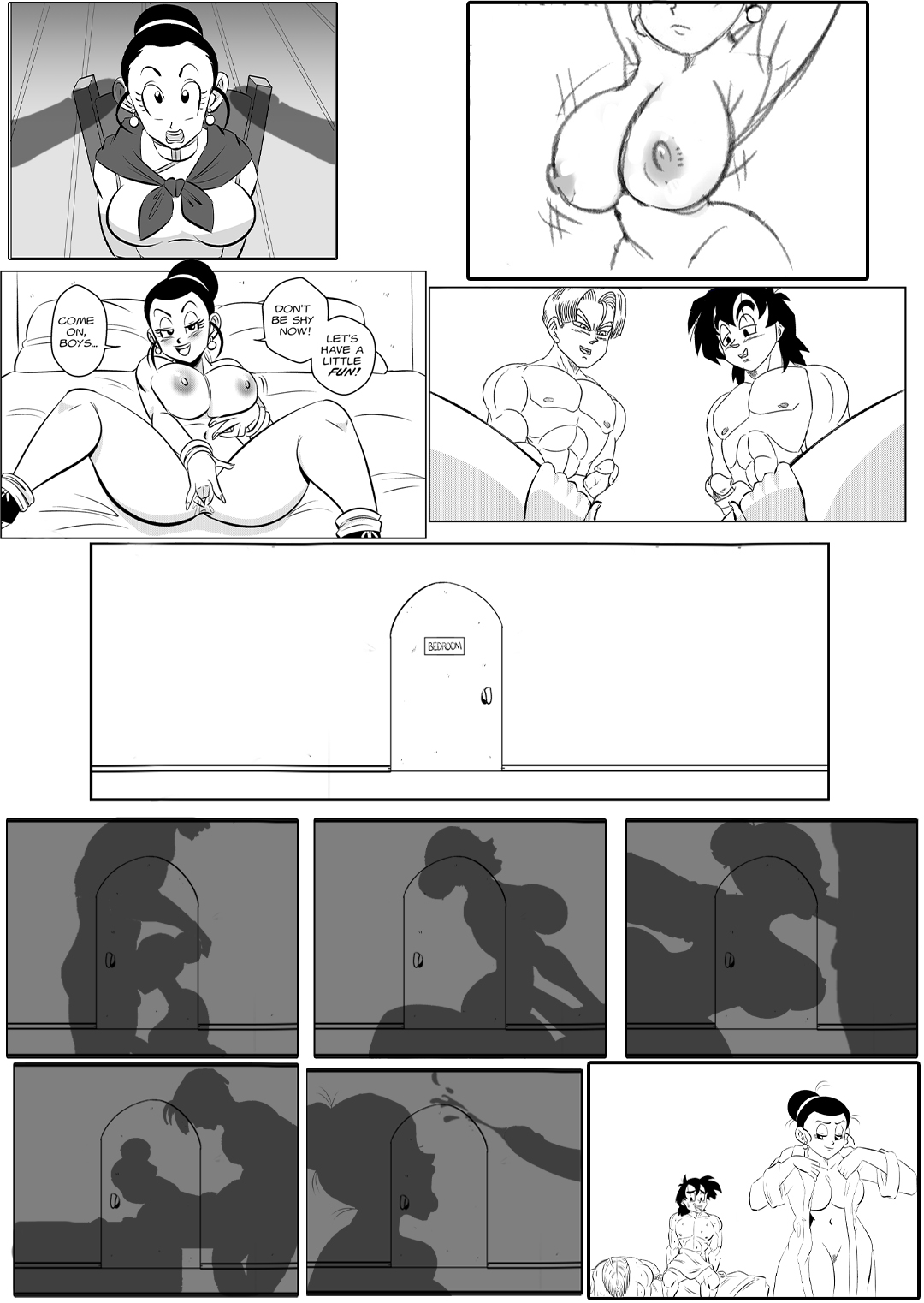 1girls, 2boys, chichi, cowgirl position, doggy style, dragon ball, edit, fellatio, fingering, fingering self, funsexydragonball, implied sex, incest, milf, mother and son, robe, silhouette, silhouette sex, son goten, spitroast, tagme, threesome, trunks (dragon ball), trunks briefs