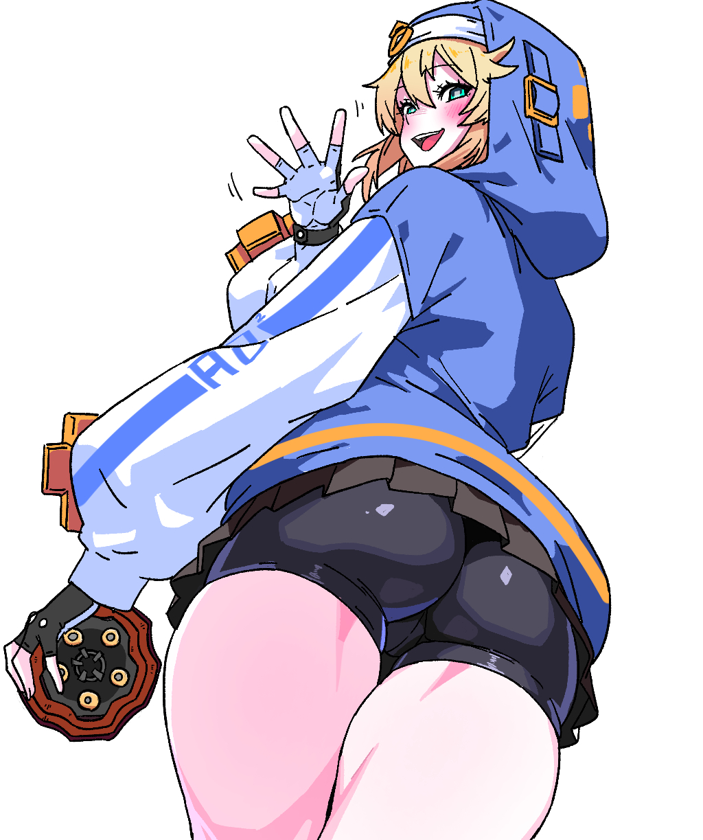 1boy, ass, bike shorts, bike shorts under skirt, black skirt, blonde hair, blush, blushing, bridget, bubble butt, commentary request, femboy, fingerless gloves, from behind, gloves, guilty gear, guilty gear strive, highres, hood, hood up, hooded jacket, jacket, looking at viewer, looking back, open mouth, pleated skirt, skirt, smile, solo, solo male, standing, thighs, waving, waving at viewer, white background, yaki apple