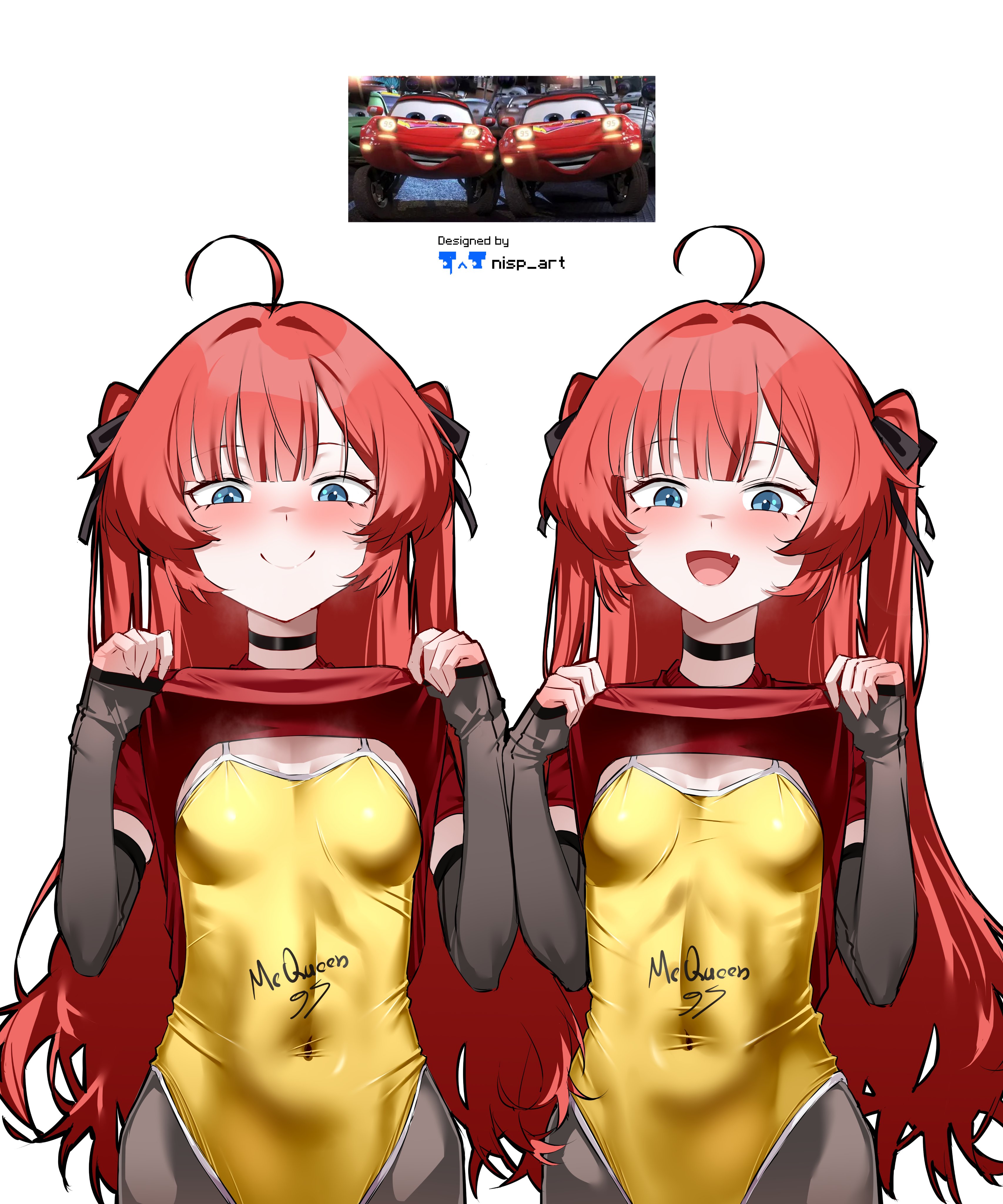 2girls, absurdres, ahoge, animification, black choker, blue eyes, breasts, cars (disney), cars (film), cars (movie), choker, closed mouth, clothes lift, commentary, english commentary, grey pantyhose, grey sleeves, highleg, highleg one-piece swimsuit, highres, lifting own clothes, long hair, mia (cars), multiple girls, nisp art, one-piece swimsuit, open mouth, pantyhose, personification, red hair, reference inset, shirt lift, siblings, sisters, small breasts, smile, swimsuit, tia (cars), twins, two side up, white background, yellow one-piece swimsuit