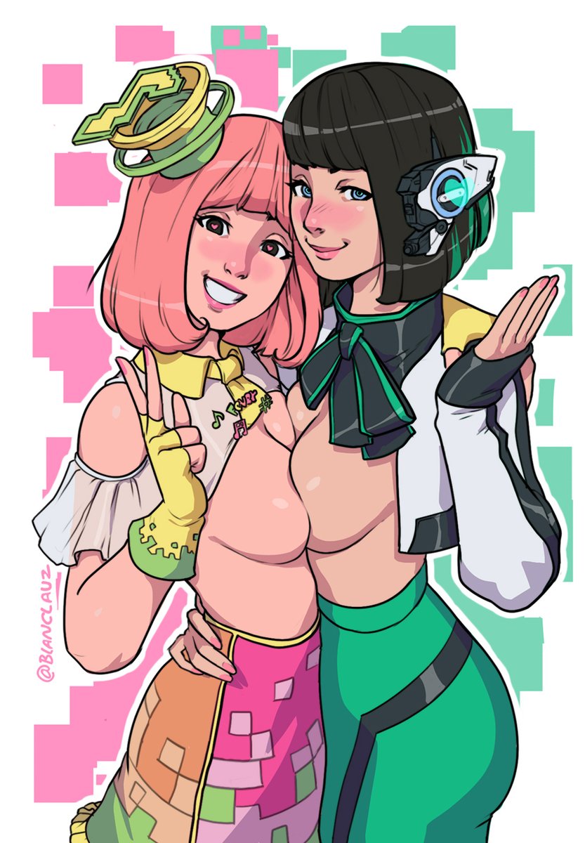 2019, 2girls, android, android girl, arm around shoulders, arm around waist, arm up, artist signature, black hair, blanclauz, blue eyes, blue streaks, blush, bow, bow ribbon, breasts, breasts out, breasts pressed together, breasts together, breasts touching, female, female focus, female only, fingerless gloves, frills, gloves, hat, heart, heart-shaped pupils, is (kamen rider zero-one), kamen rider, kamen rider ex-aid (series), kamen rider zero-one (series), musical note, necktie, open shirt, pink hair, pins, poppy pipopapo, shirt open, short hair, short hair female, shoulder cutout, skirt, smile, v sign