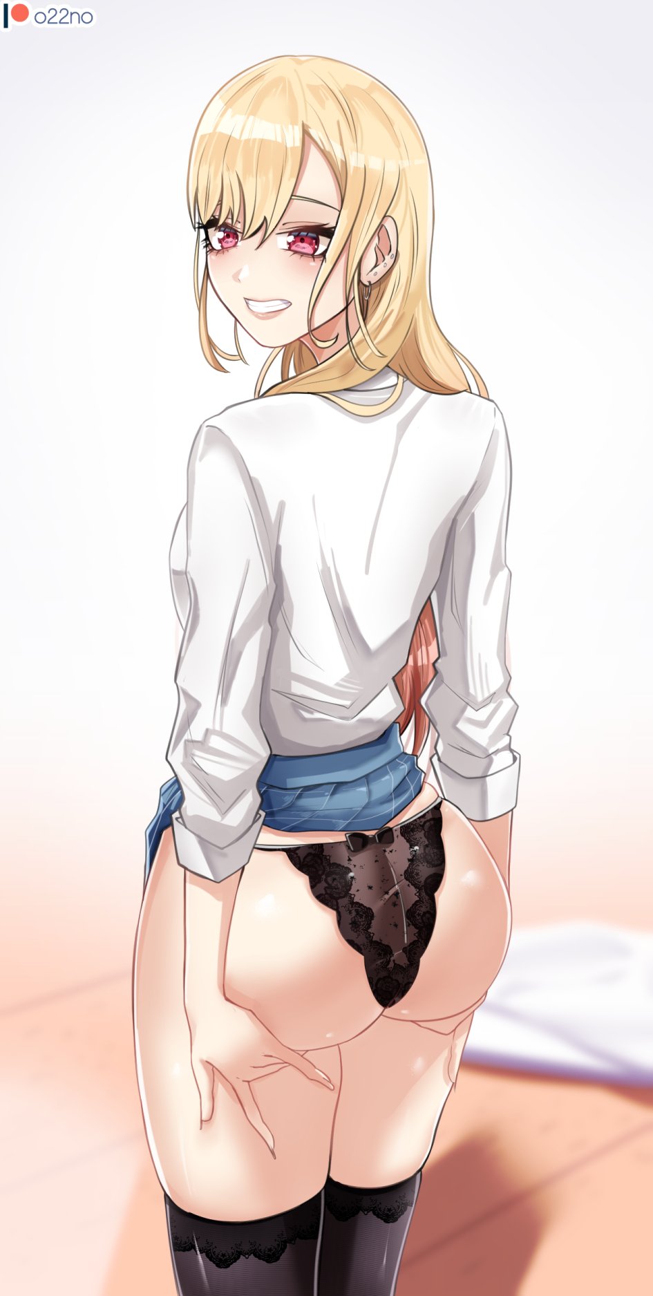 ass, bangs, blonde hair, breasts, collared shirt, colored tips, ear piercing, earrings, female, from behind, gyaru, hand on own ass, hands on ass, highres, jewelry, kitagawa marin, long hair, looking at viewer, looking back, multicolored hair, o22no, panties, patreon logo, patreon username, piercing, plaid, plaid skirt, pleated skirt, red eyes, school uniform, shirt, skirt, smile, solo, sono bisque doll wa koi wo suru, underwear, white shirt