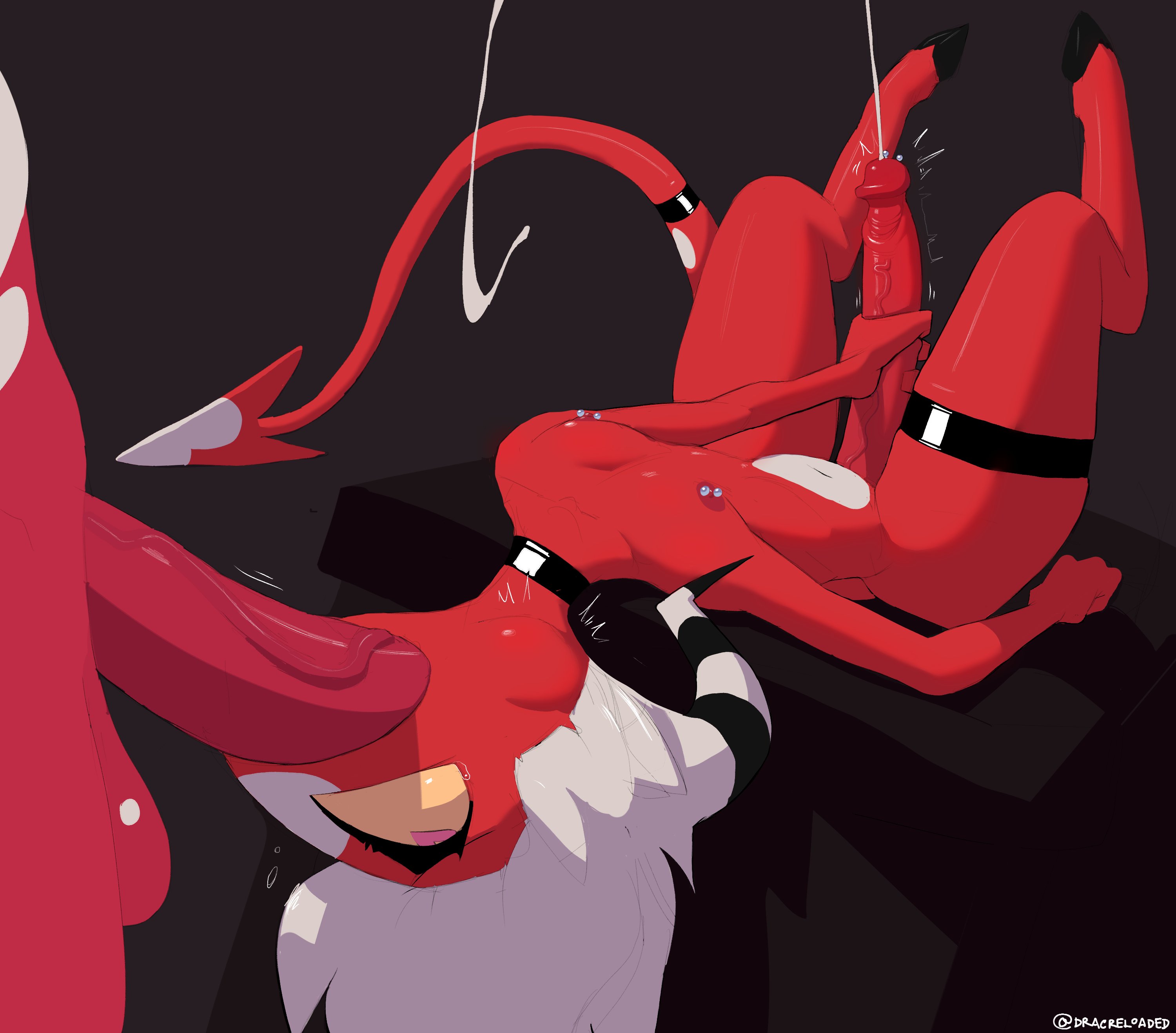 2boys, balls, big penis, blowjob, cheek bulge, cum, cum string, cumming, deepthroat, demon, derian (shiftyjack95), dracreloaded, duo, ejaculation, erection, femboy, gay, helluva boss, hooves, imp, irrumatio, male, male only, male/male, malesub, masturbation, multiple boys, multiple males, naked, nude, original character, penis, pierced nipples, piercing, red skin, sex, thick thighs, thighs, veiny penis, white hair, wide hips, yaoi