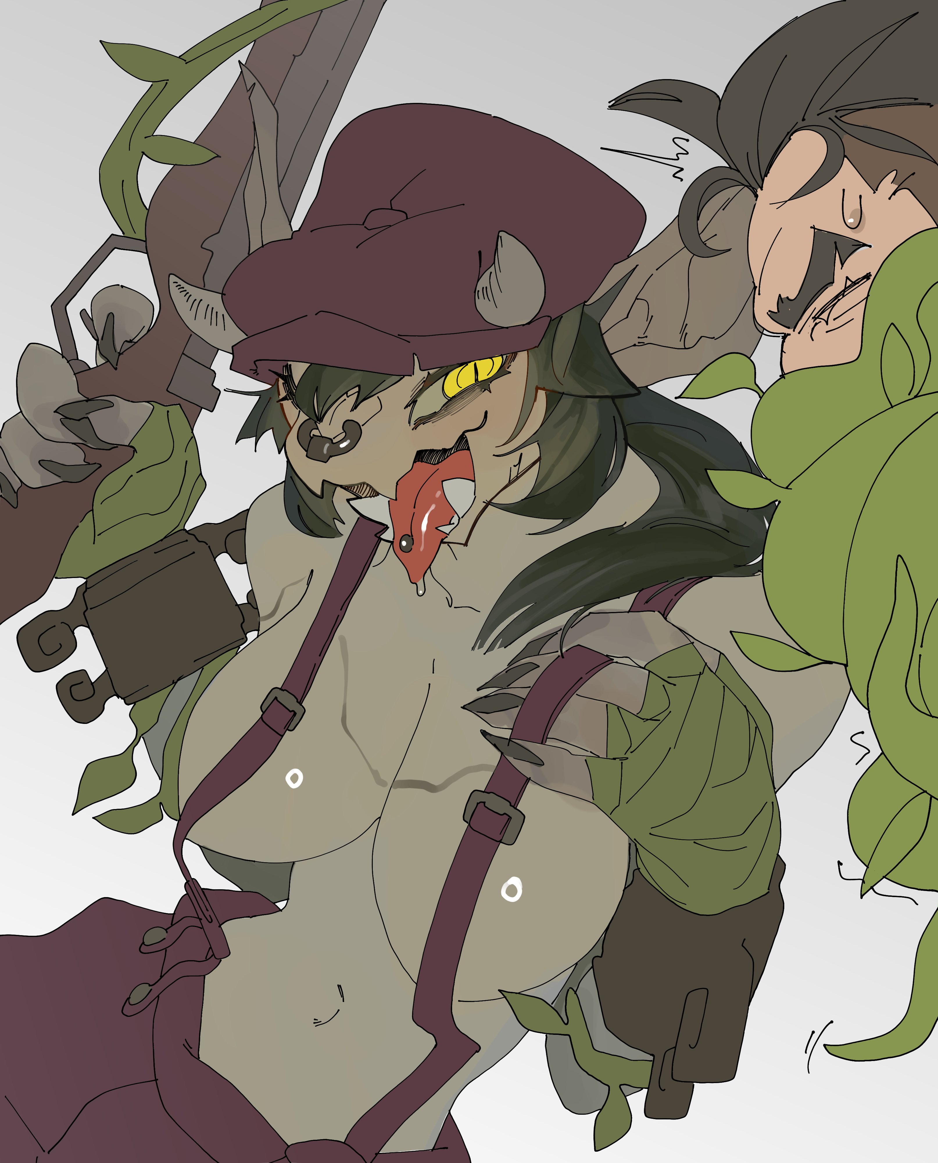 breasts, breasts out, deadlock, fangs, female focus, gargoyle, horns, ivy (deadlock), lash (deadlock), no nipples, nose ring, reptile, tongue out, tongue piercing, yolabayola1