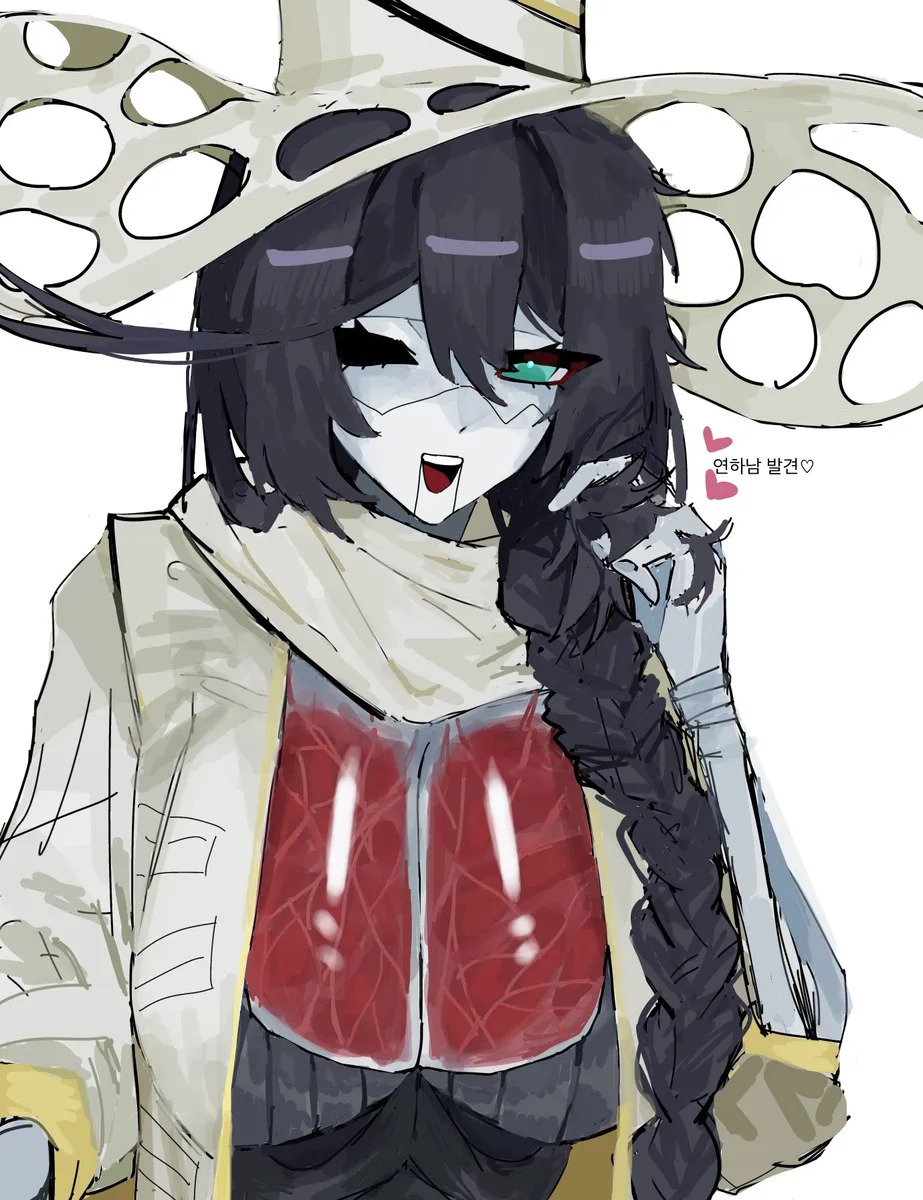 1girls, big breasts, big hat, heterochromia, hong lu (limbus company), honglulove, jade eyes, limbus company, loose clothes, loose fit, loose fitting, mechanical, metal collar, missing eye, project moon, prosthetic, prosthetic arm, ring nursefather id, robe, rule 63, scarf, tagme, tall hat, tied hair, twirling, twirling hair, visible breasts, visible muscles
