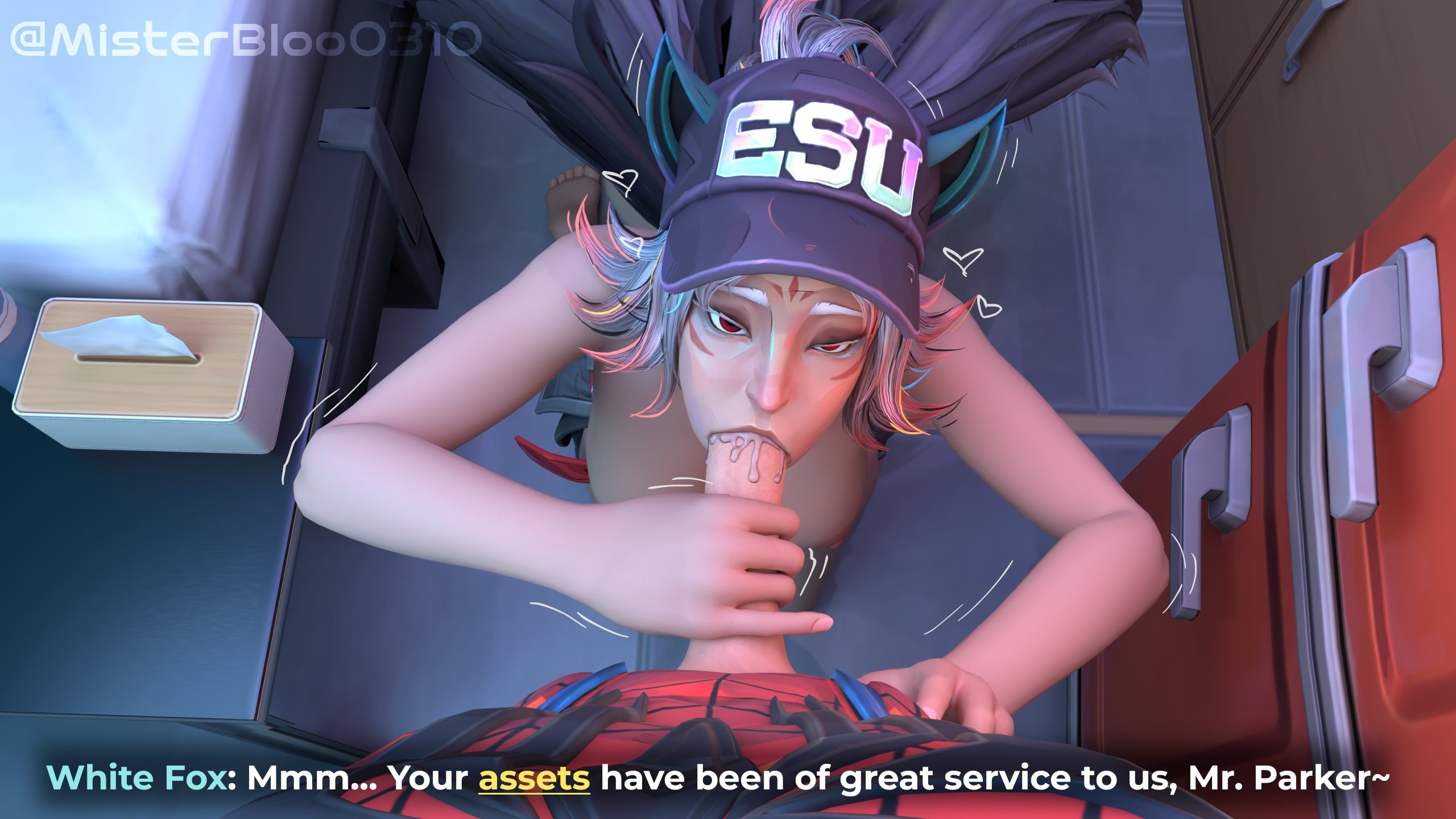 1boy, 1boy1girl, 1girls, 3d, 3d (artwork), ahe gao, ami han, animal ears, baseball cap, blowjob, breasts, cap, clothed male, detailed, drooling, empire state university, eye contact, fellatio, fox ears, fox girl, handjob, heart eyes, heart-shaped pupils, hetero sex, highres, large breasts, looking at viewer, male/female, marvel, marvel comics, marvel rivals, medium hair, misterbloo0310, mrbag3d, naked female, nipples, nude, nude female, oral, penis in mouth, peter parker, saliva, spider man, spider-man, spider-man (marvel rivals), spider-man (series), white fox (marvel rivals), white fox (marvel), white fox (yoon ji-woo), white hair