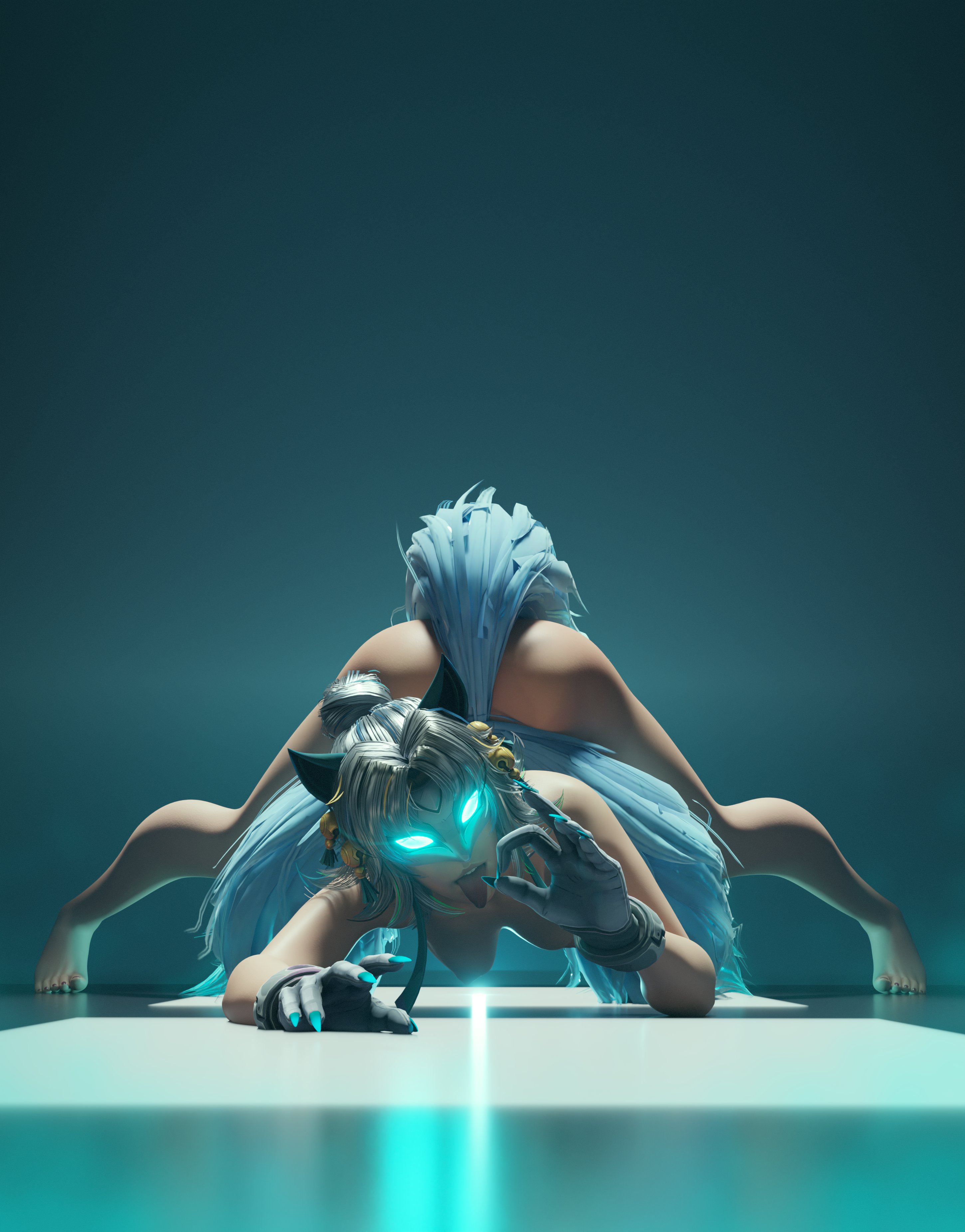 1girls, 3 tails, 3d, 3d (artwork), ahe gao, all fours, ami han, animal ears, arched back, ass focus, blue eyes, breasts, bubble ass, clawed fingers, clawed gloves, claws, detailed, drooling, female focus, female only, fox ears, fox girl, fox tail, gloves, glowing eyes, highres, large breasts, looking at viewer, marvel, marvel comics, marvel rivals, mask, masked, masked female, medium hair, mrbag3d, multiple tails, naked female, nipples, nude, on all fours, shibarademu, solo, solo female, thick ass, thick thighs, tongue out, white female, white fox (marvel rivals), white fox (marvel), white hair