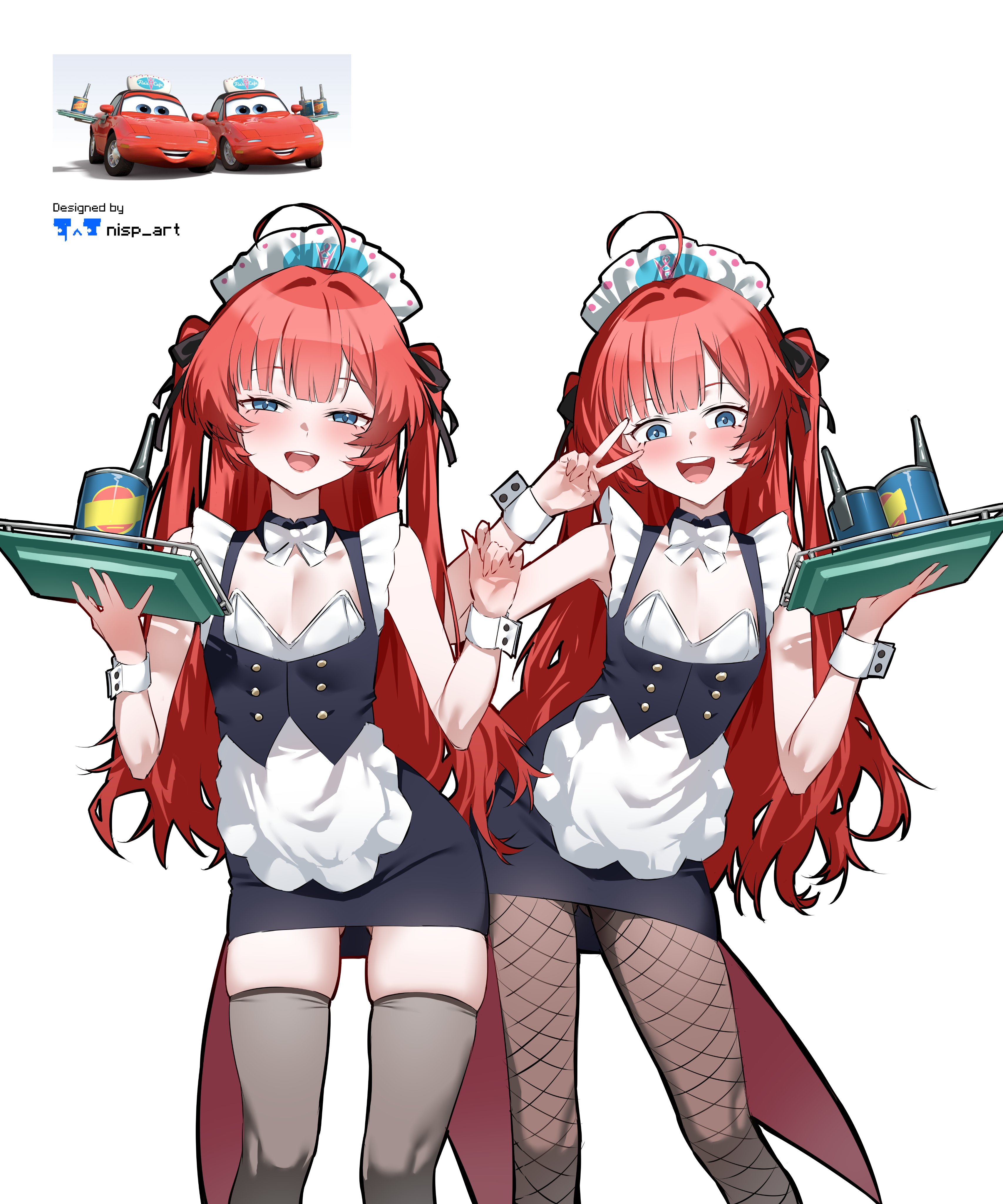 2girls, absurdres, ahoge, apron, arms up, artist name, ass visible through thighs, black dress, black outline, black ribbon, blue eyes, bow, bowtie, cars (disney), cars (film), cars (movie), commentary, dress, english commentary, fishnet pantyhose, fishnets, flat chest, frilled dress, frills, grey thighhighs, hair intakes, hair ribbon, highres, holding, holding tray, long hair, looking at viewer, maid, maid apron, maid headdress, mia (cars), multiple girls, nisp art, oil can, open mouth, outline, pantyhose, personification, red hair, reference inset, ribbon, serving drink, siblings, simple background, sisters, skindentation, sleeveless, sleeveless dress, smile, teeth, thighhighs, tia (cars), tray, twins, two side up, unconventional maid, upper teeth only, v, white background, white bow, white bowtie, white headdress, white wrist cuffs, wrist cuffs