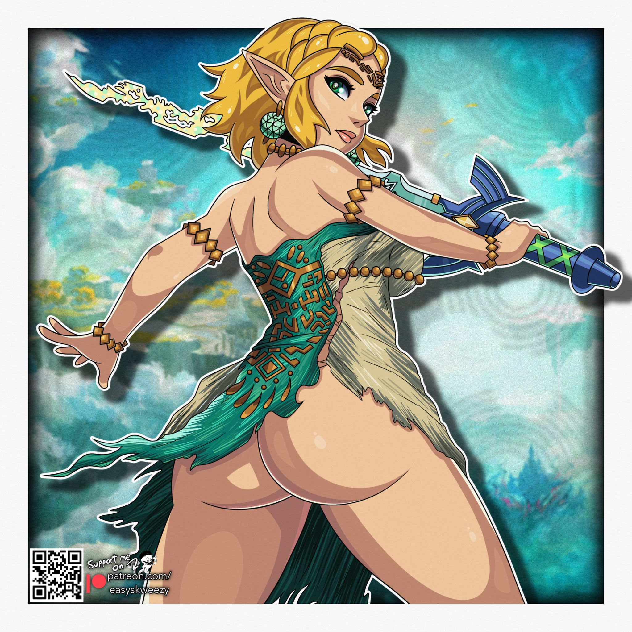1girls, ass, ass focus, back view, bare shoulders, big ass, blonde hair, bottomless, dress, easyskweezy, female, female only, huge ass, master sword, nintendo, no panties, no underwear, princess zelda, rear view, solo, solo female, tears of the kingdom, the legend of zelda, zelda (tears of the kingdom)