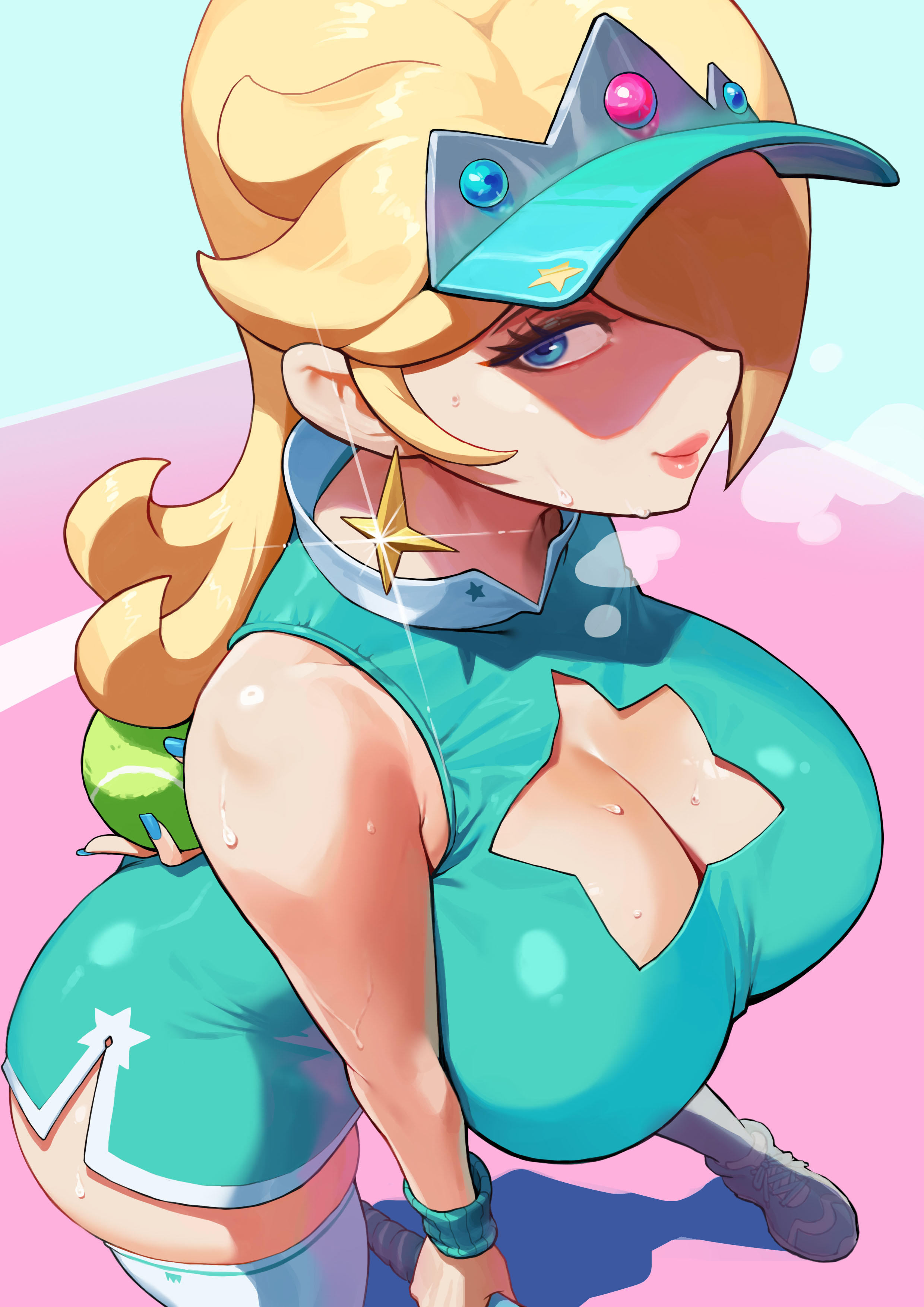 1girls, alternate costume, ass, blonde hair, blue eyes, blue nail polish, boob window, breasts, collar, colored, earrings, large breasts, lips, long hair, looking at viewer, mario (series), mario tennis, moonlit, nails, nintendo, painted nails, princess rosalina, princess rosalina (tennis), smiling, smiling at viewer, sneakers, super mario galaxy, sweat, sweating, tagme, tennis ball, tennis racket, tennis uniform, visor