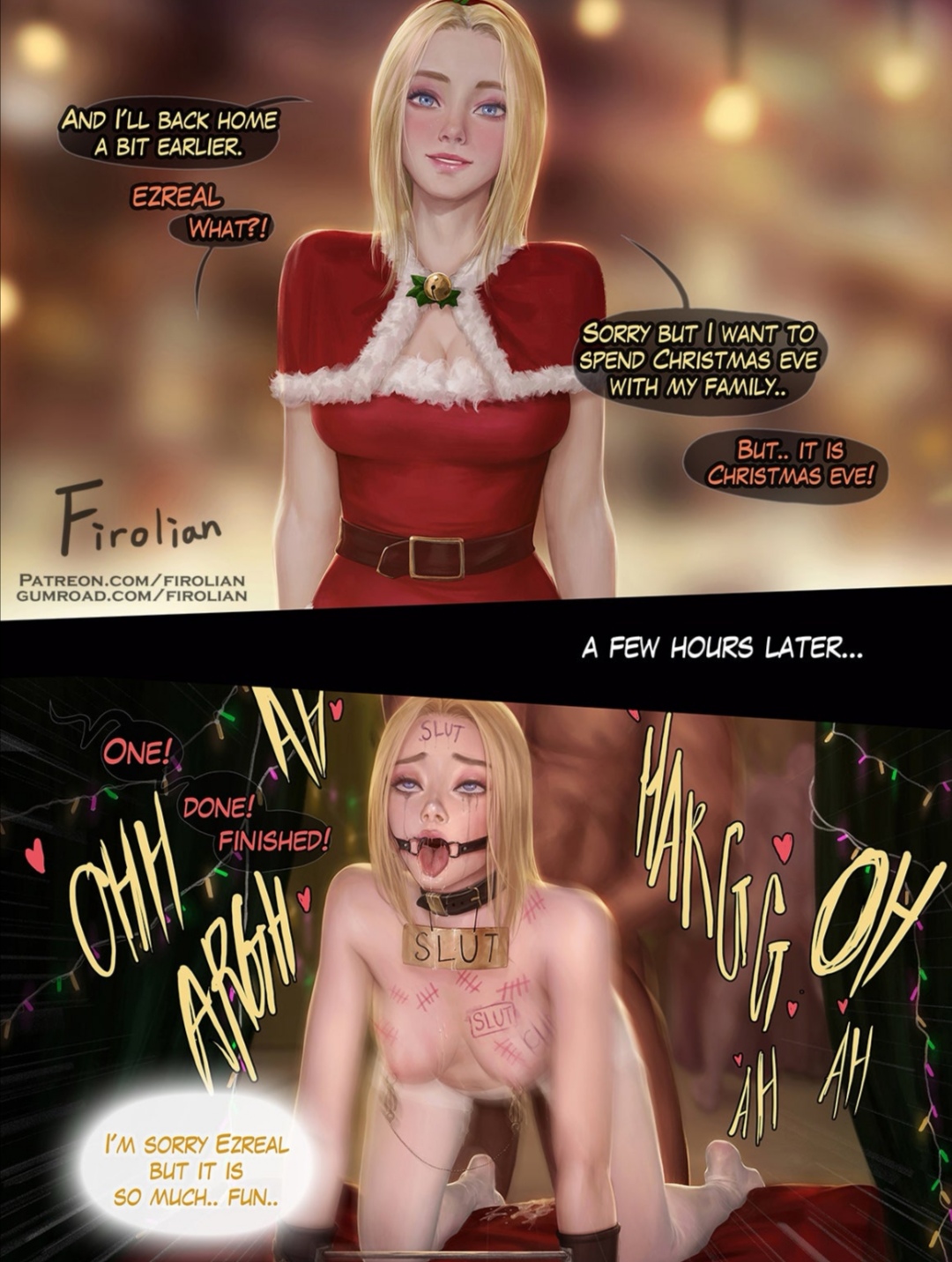 1boy, 1girls, all fours, artist name, artist signature, belt, blonde female, blonde hair, blue eyes, body writing, bodysuit, bondage, breasts, christmas, christmas lights, christmas outfit, collar, cum, dark skin, dark-skinned male, doggy style, english text, faceless male, female, femsub, firolian, from behind, front view, fur trim, gag, gumroad username, hearts, league of legends, legs apart, lips, luxanna crownguard, male, mascara, mascara tears, moaning in pleasure, motion blur, multiple panels, naked, netorare, nipple chain, nipple clamps, nipple piercing, nipples, nude, on all fours, open mouth, open mouth gag, patreon username, piercing, ring gag, saliva, sex, sign, speech bubble, spreader bar, tagme, tally, tally marks, text, thighhighs, tongue, tongue out, white thighhighs, writing on body