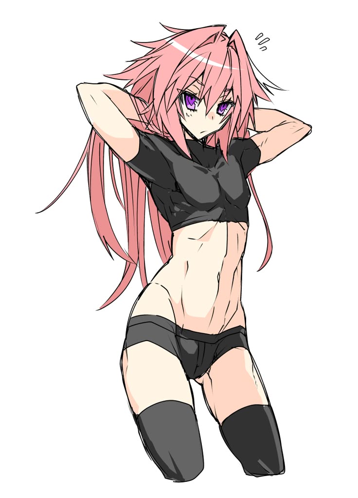 1boy, 1femboy, arms behind back, arms up, astolfo (fate), astolfo (fate/apocrypha), astolfo (saber) (fate), astolfo (sailor paladin) (fate), curvy, curvy body, fate (series), fate/apocrypha, fate/grand order, femboy, legs, light-skinned male, male, male only, pectorals, pink hair, purple eyes, sexy, sexy body, sexy pose, shirt, solo, thighs