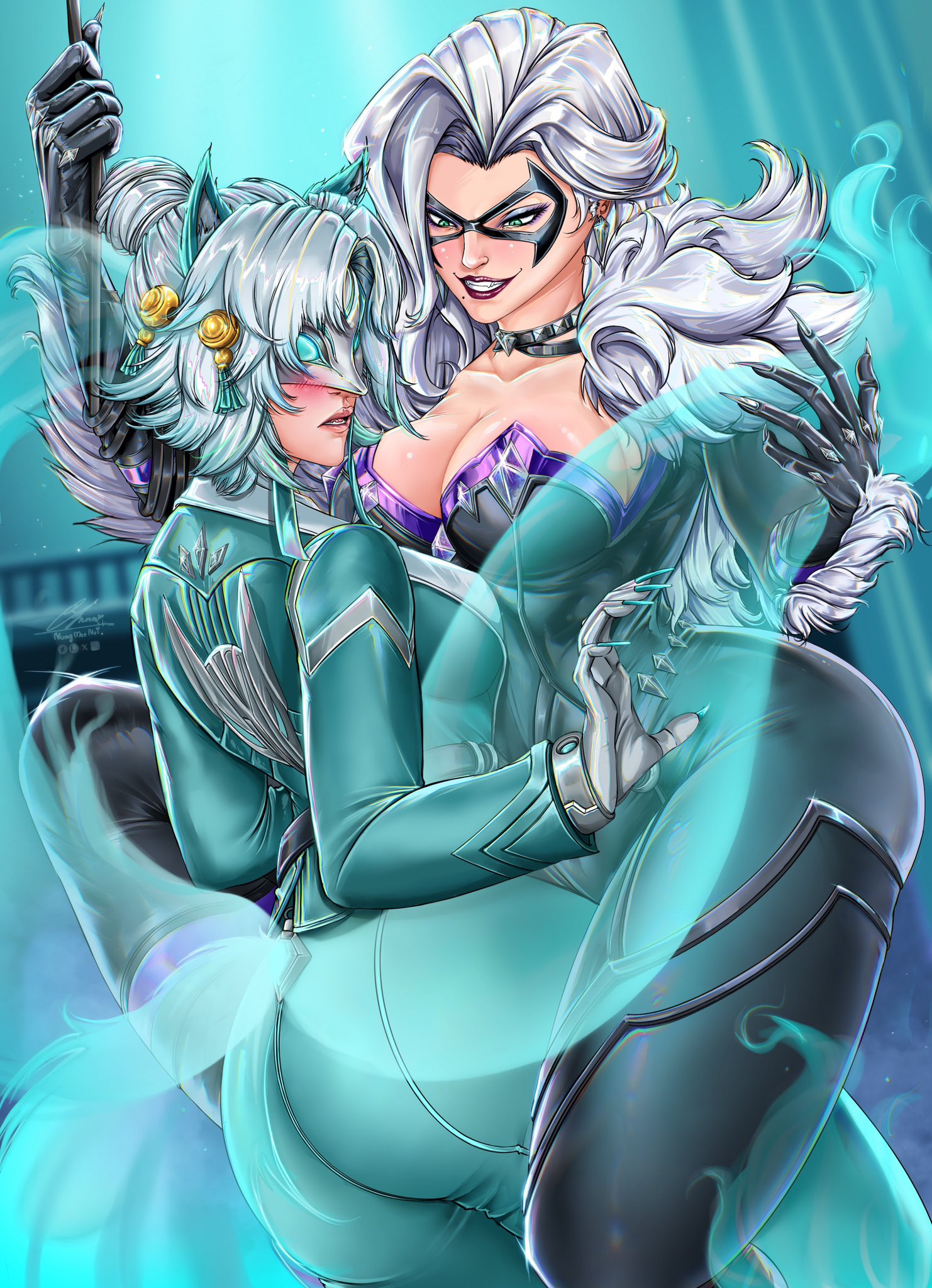 2026, 2d, 2girls, ami han, ass, big ass, big breasts, big butt, black cat (marvel rivals), black cat (marvel), blush, blushing female, bodysuit, breasts, bursting breasts, choker, clawed fingers, clawed gloves, claws, cleavage, collar, color, colored, curvaceous, curvaceous body, curvaceous female, curvaceous figure, curvy, curvy body, curvy female, curvy figure, domino mask, eyemask, eyeshadow, felicia hardy, female, fox ears, fox tails, gloves, green eyes, hips, huge ass, huge breasts, huge butt, large ass, large breasts, large butt, light skin, light-skinned female, marvel, marvel comics, marvel rivals, mask, masked, masked female, massive ass, massive breasts, massive butt, nungmeenui, pinup, shiny, shiny breasts, shiny skin, skin tight, spider-man (series), suit, suit and tie, suit jacket, suit pants, superheroine, thick, thick ass, thick breasts, thick butt, thick hips, thick thighs, thief, tie, tight clothes, tight clothing, voluptuous, voluptuous female, white fox (marvel rivals), white fox (marvel), white fur, wide hips, yuri