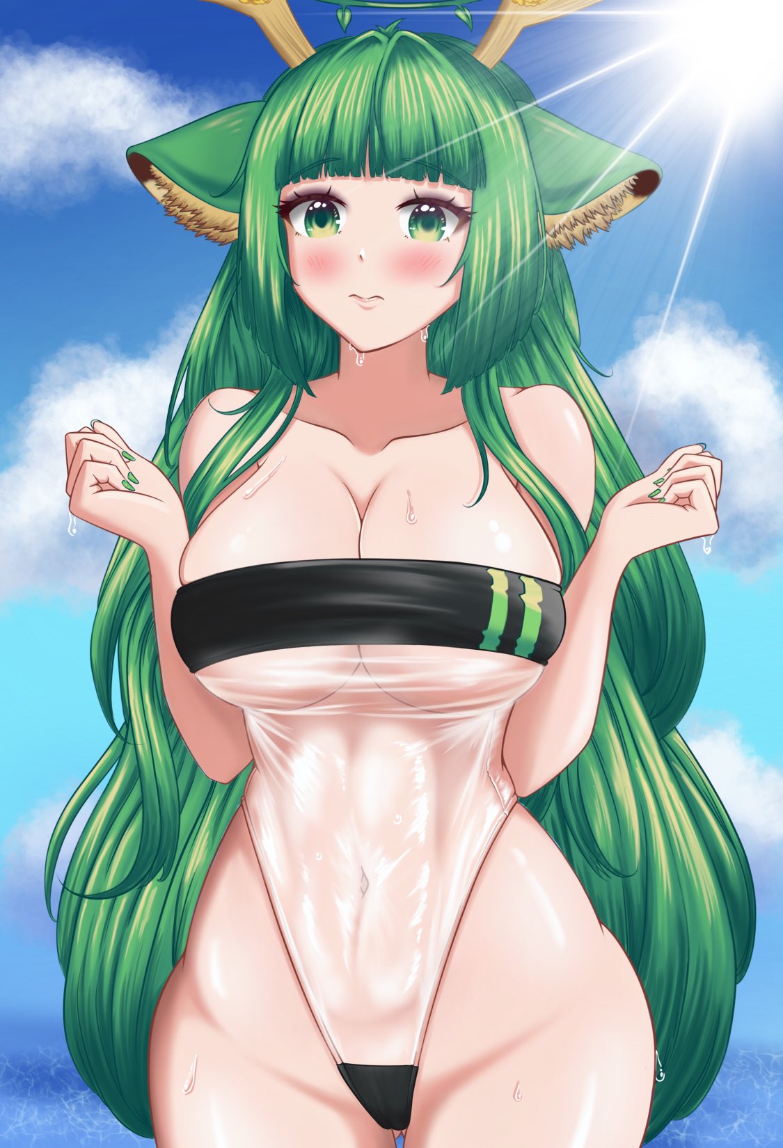 0hmyhowlewd 1girls antlers belly blush breast_squish breasts cleavage deer deer_ears deer_girl deer_tail embarrassed green_eyes green_hair gris_swimsuit haruka_karibu large_breasts see-through solo solo_focus swimsuit swimwear thick_thighs tummy virtual_youtuber vshojo water