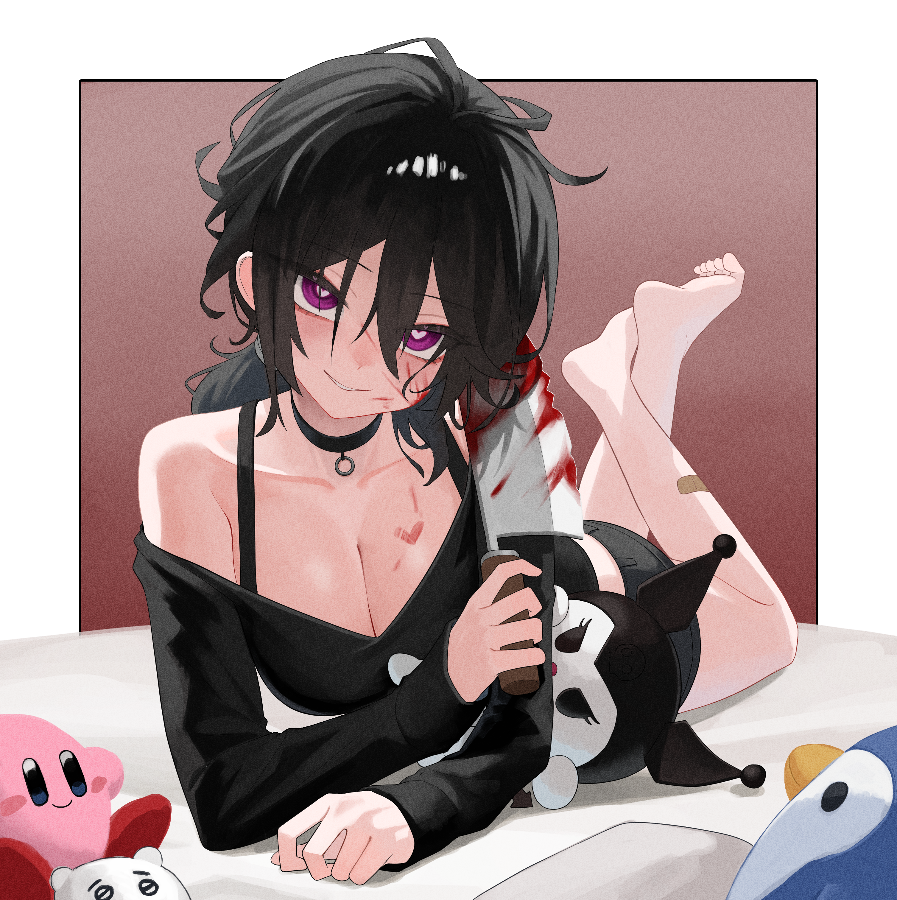 absurdres, alternate breast size (larger), antenna hair, ashley graves, backlighting, bandaid, bandaid on leg, bare legs, bare shoulders, barefoot, bed sheet, black choker, black hair, black shirt, black shorts, blood, blood on breasts, blood on cheek, blood on face, bloody knife, border, bra strap, breasts, bright pupils, brown background, character doll, chiikawa, chiikawa (character), choker, cleavage, collarbone, commentary, crossed ankles, denim, denim shorts, dolgom, doll, double-parted bangs, elbow rest, english commentary, eyes visible through hair, feet up, female, from above, full body, grin, hair between eyes, hair tie, hand up, head tilt, heart, heart-shaped pupils, highres, holding, holding knife, kirby, kirby (series), knife, kuromi, large breasts, long sleeves, looking at viewer, low ponytail, lying, medium hair, midriff, nintendo, o-ring, o-ring choker, off shoulder, off-shoulder shirt, on bed, on stomach, onegai my melody, outside border, parted lips, pink eyes, ponytail, sanrio, shadow, shirt, short shorts, shorts, sidelocks, simple background, sleeves past wrists, smile, soles, solo, stuffed animal, stuffed penguin, stuffed toy, symbol-shaped pupils, the coffin of andy and leyley, the pose, toe scrunch, toes, tsurime, upturned eyes, v-neck, white border, white pupils