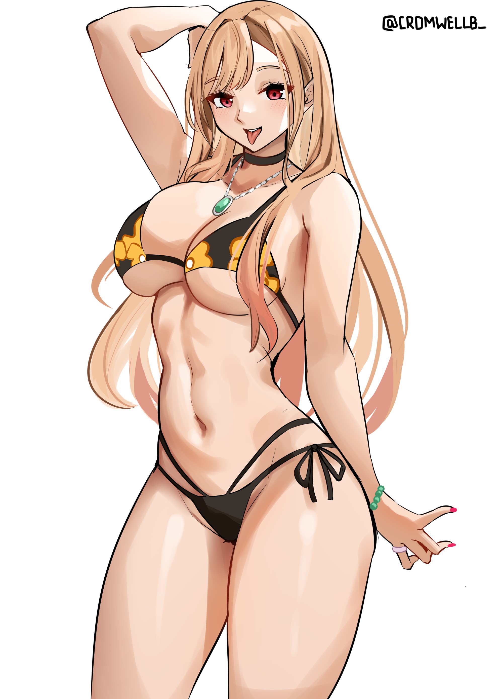 1girls, 2022, abs, arm up, belly, bikini, bikini bottom, bikini top, black bikini, black bikini bottom, blonde hair, breasts, cromwellb, female, female focus, female only, gyaru, jewelry, kitagawa marin, looking at viewer, navel, red eyes, simple background, solo, solo female, sono bisque doll wa koi wo suru, standing, thighs, tongue, tongue out, white background