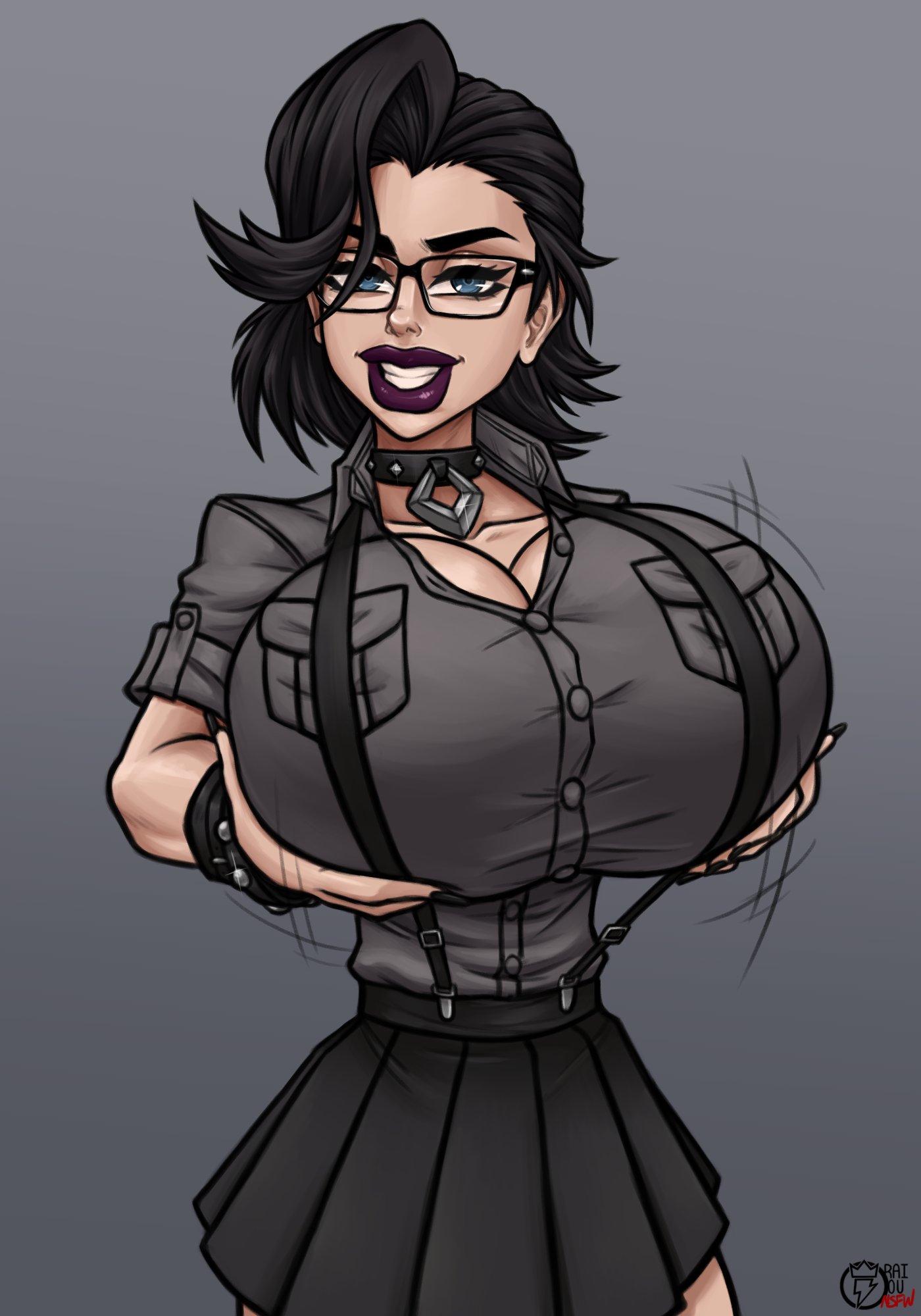 1girls, blue eyes, bouncing breasts, breasts, busty, choker, female, female only, glasses, goth, holding breast, huge breasts, looking at viewer, millennia gotthard, millennium4ever, purple lipstick, raiounsfw, skirt, smiling, smug, solo, suspenders, the gotthards