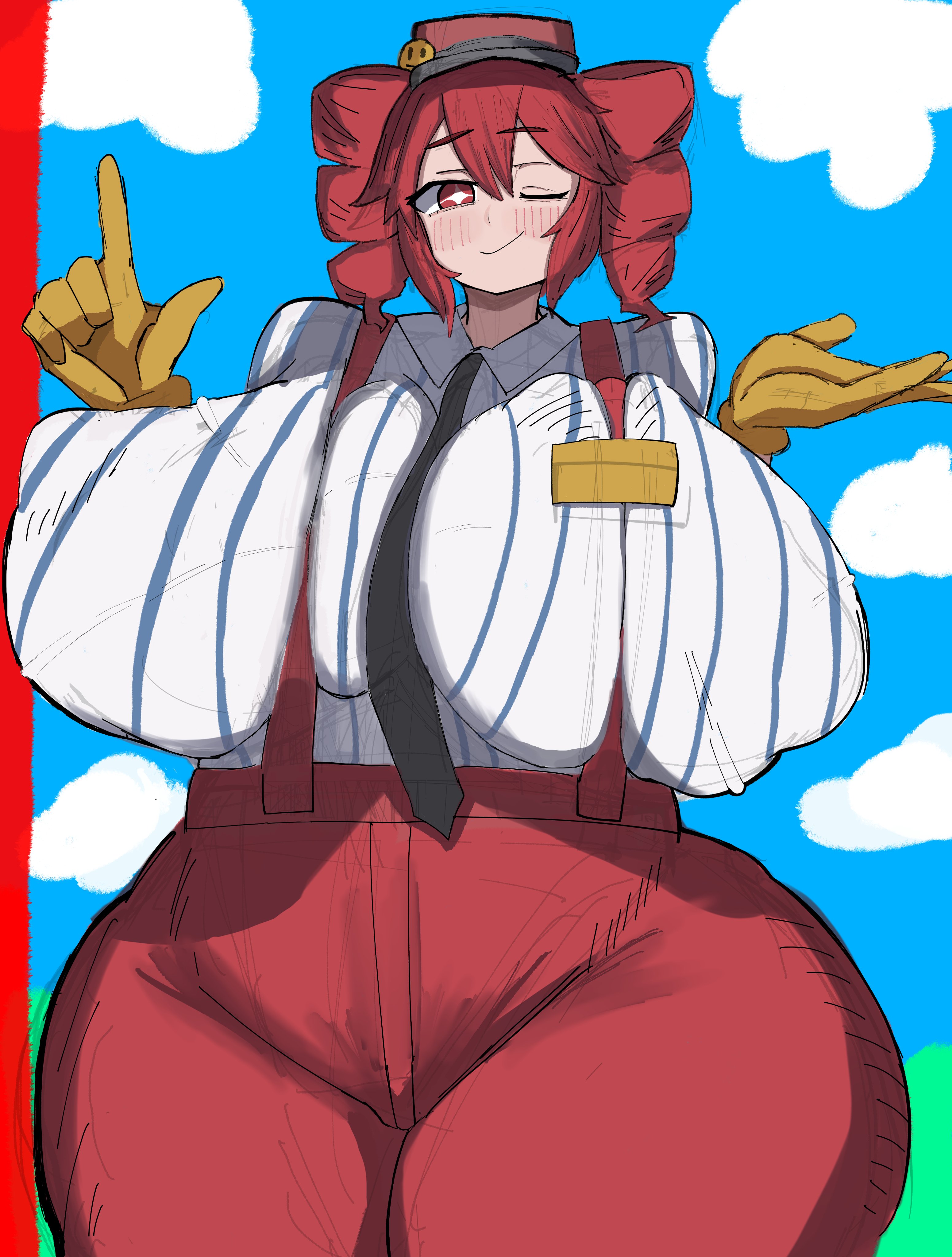 1girls, 2d, 2d (artwork), artist request, big breasts, big thighs, blouse, blush, blush lines, blushing, blushing female, breasts, breasts bigger than head, clothed, clothed female, clothing, curvaceous, curvy, curvy female, curvy figure, enormous breasts, enormous thighs, fat breasts, fat thighs, female, female only, fully clothed, gigantic breasts, gigantic thighs, gloves, hat, high waisted pants, high-waist pants, hips wider than shoulders, hourglass figure, huge breasts, huge thighs, hyper, hyper breasts, hyper hourglass, hyper thighs, kasane teto, kasane teto (sv), large breasts, large thighs, looking at viewer, massive breasts, massive thighs, mesmerizer (vocaloid), mesmerizer teto, mv character, name plate, nameplate, necktie, necktie between breasts, one eye closed, pants, plump, plump breasts, plump thighs, pose, posing, pussy bulge, red eyes, red hair, round breasts, shirt, simple background, skindentation, solo, solo female, sparkling eyes, striped shirt, suspenders, synthesizer v, thick thighs, thighs, thighs bigger than head, tight clothing, tight pants, tight shirt, twin drills, utau, venus body, voluptuous, voluptuous female, wide hips, wink, winking, winking at viewer