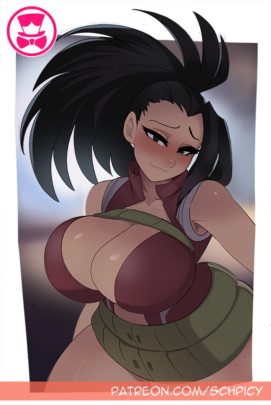 1girls, big breasts, black hair, black-haired female, blush, breasts, clothed, female, female focus, female only, hero outfit (mha), huge breasts, human, human female, leotard, light-skinned female, looking at viewer, momo yaoyorozu, momo yaoyorozu (hero outfit), my hero academia, ponytail, schpicy, shounen jump, solo, solo female, solo focus, superheroine, teenager