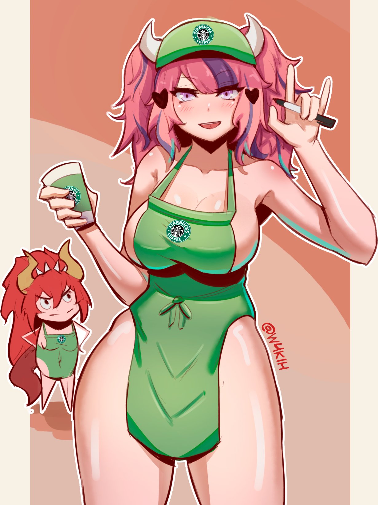 2d, 2girls, alternate breast size, alternate costume, apron, apron only, big breasts, breasts, demon, demon girl, dragon girl, female, female only, hat, horns, iced latte with breast milk, ironmouse, ironmouse (season 2), large breasts, light skin, light-skinned female, meme, multiple females, multiple girls, naked apron, pink eyes, pink hair, purple highlights, red hair, sideboob, starbucks, tail, virtual youtuber, vshojo, w4kih, zentreya