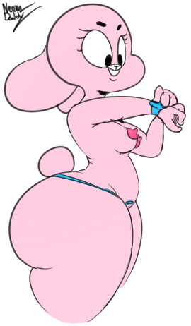 2018, aged up, anais watterson, anthro, ass, breasts, buckteeth, cartoon network, clothed, clothing, digital media (artwork), female, fur, lagomorph, leporid, low res, mammal, neom-daddy, nipples, panties, pink fur, rabbit, simple background, solo, standing, teeth, the amazing world of gumball, thick thighs, thong, topless, underwear, watch, white background