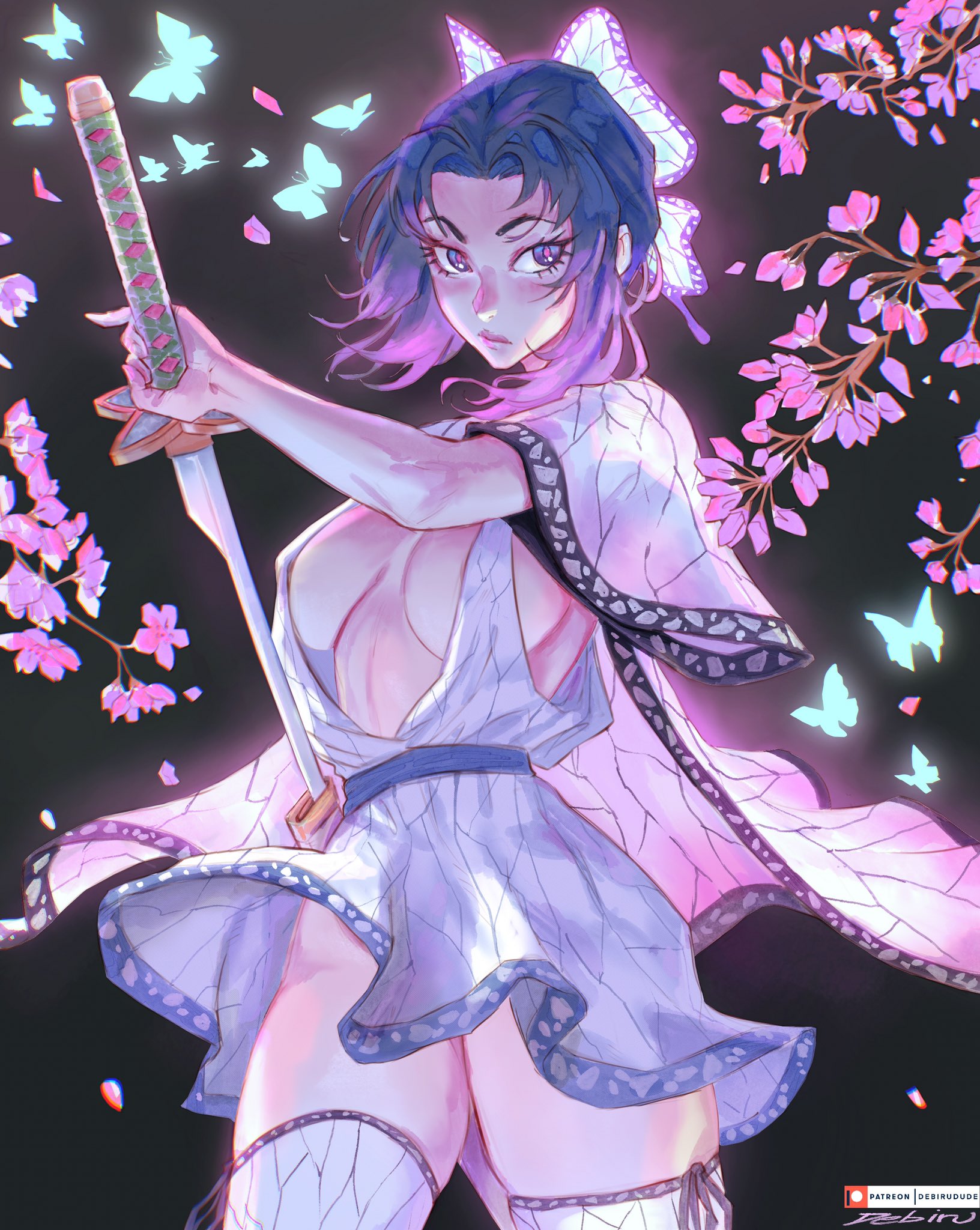1girls, 2022, 2d, 2d (artwork), alternate costume, artist name, aura, big breasts, black background, breasts, butterfly, butterfly hair ornament, cleavage, dark hair, debirudude, demon slayer, dress, energy, female, female only, fighting stance, flora, flowers, hair ornament, haori, holding object, human, human female, human only, insects, katana, kimetsu no yaiba, kochou shinobu, looking at viewer, medium breasts, no bra, no sex, not ai generated, patreon username, powers, purple hair, purple-haired female, questionable, realistic breast size, realistic proportions, solo, sundress, sword, teenage female, teenager, thick thighs, thighhighs, thin waist, two-tone hair, uncensored, unsheathing, weapon, wide hips, zettai ryouiki