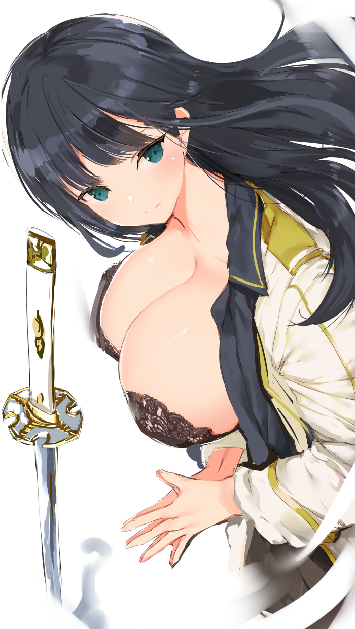 1girls, bangs, big breasts, black bra, black hair, bra, breasts, breasts out, cleavage, closed mouth, eye contact, female, female only, green eyes, ikaruga (senran kagura), lace, lace bra, large breasts, light skin, light-skinned female, long hair, long sleeves, looking back, open clothes, open mouth, open shirt, school uniform, senran kagura, senran kagura (series), solo, solo female, sword, tagme, tsurime, weapon, white background, yaegashi nan