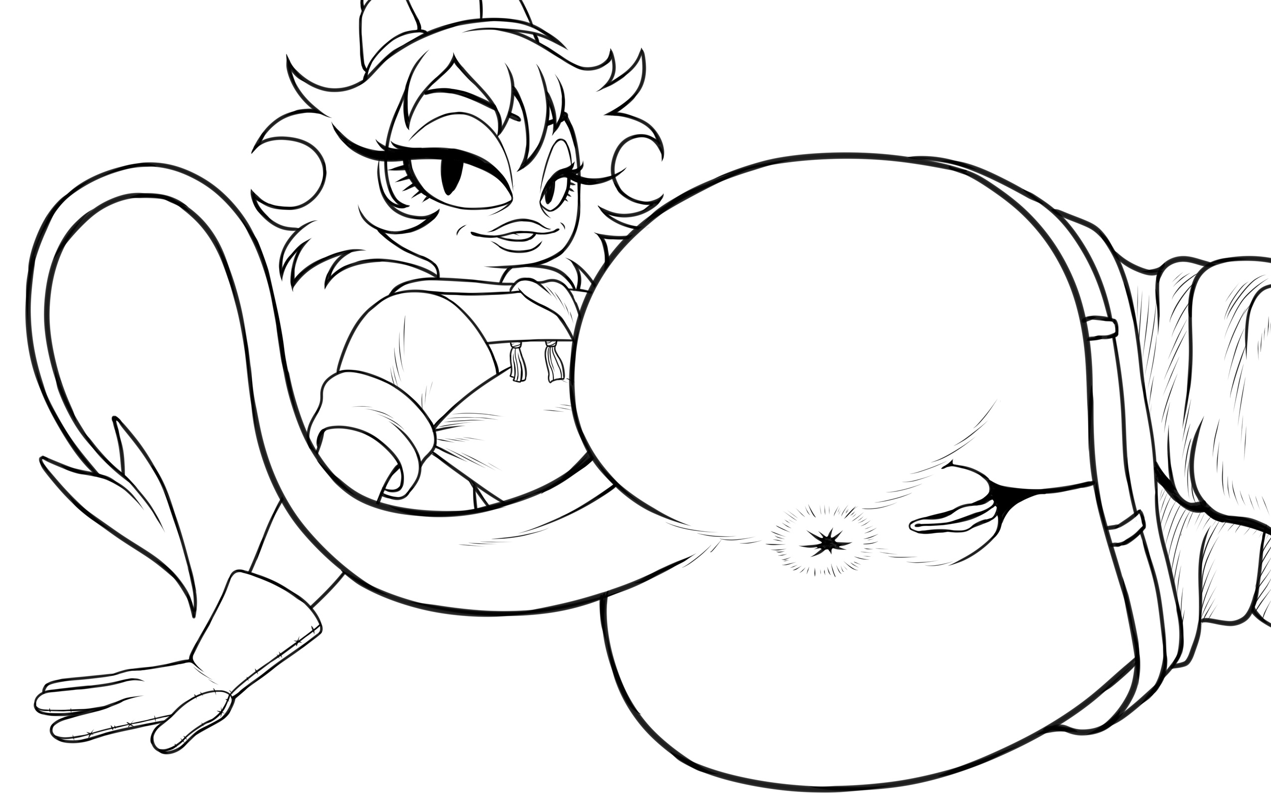 1girls, anthro, anus, artist request, ass, colorless, cowgirl outfit, demon, farmer, female, genitals, helluva boss, hi res, horn, imp, lin (helluva boss), line art, mature female, noseless, pupils, pussy, slit pupils, solo, solo female, spade tail, unknown artist