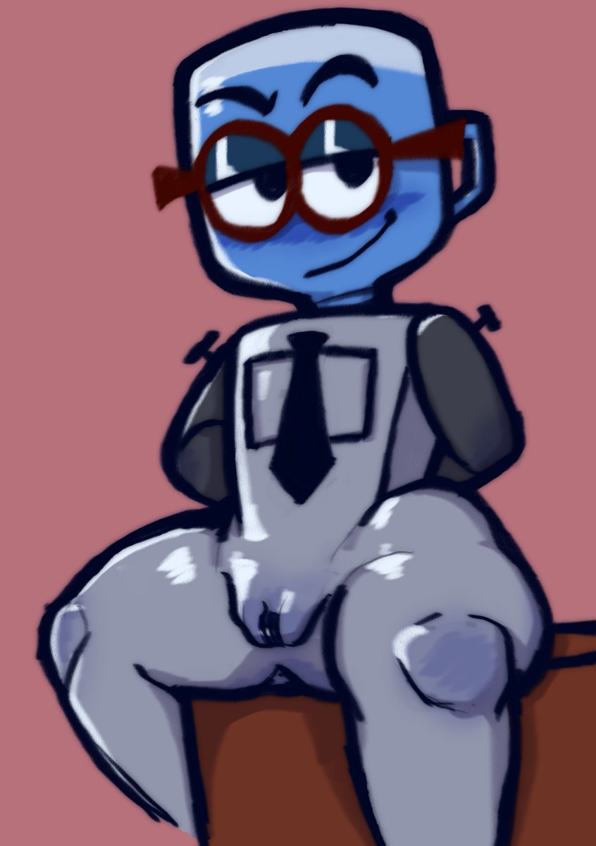 2021 animate_inanimate anthro eyewear flat_chested genitals glasses grey_body half-closed_eyes hands_behind_back hi_res humanoid jackbox_games job_job m._bubbles narrowed_eyes necktie not_furry portrait pussy sexylinguini sitting smile solo the_jackbox_party_pack_8 three-quarter_portrait water_cooler