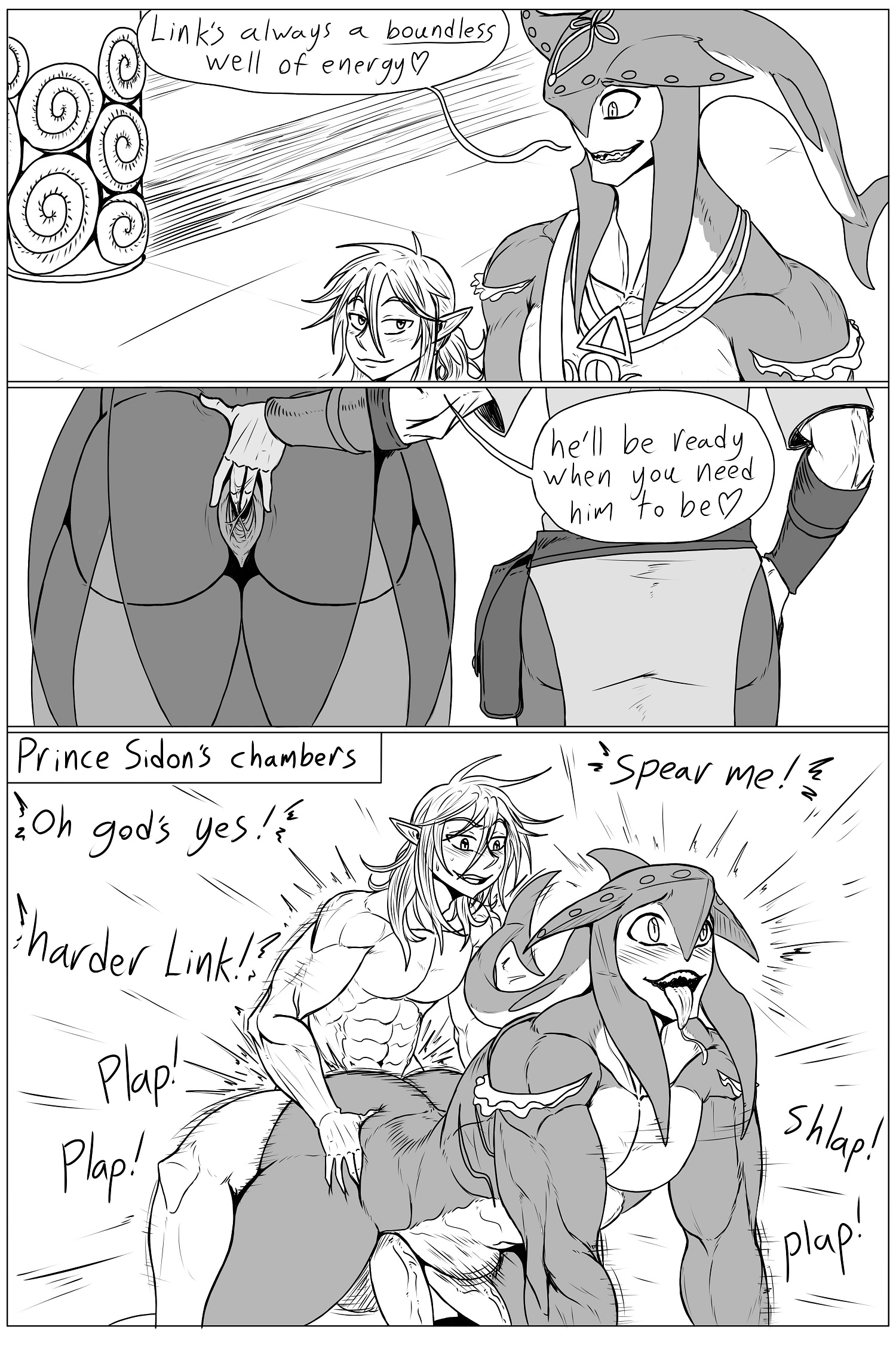 black and white, breath of the wild, kiahl, large penis, link, link (breath of the wild), lobsterkiahl, male, male only, penis, sidon (zelda), size difference, small top, the legend of zelda, yaoi