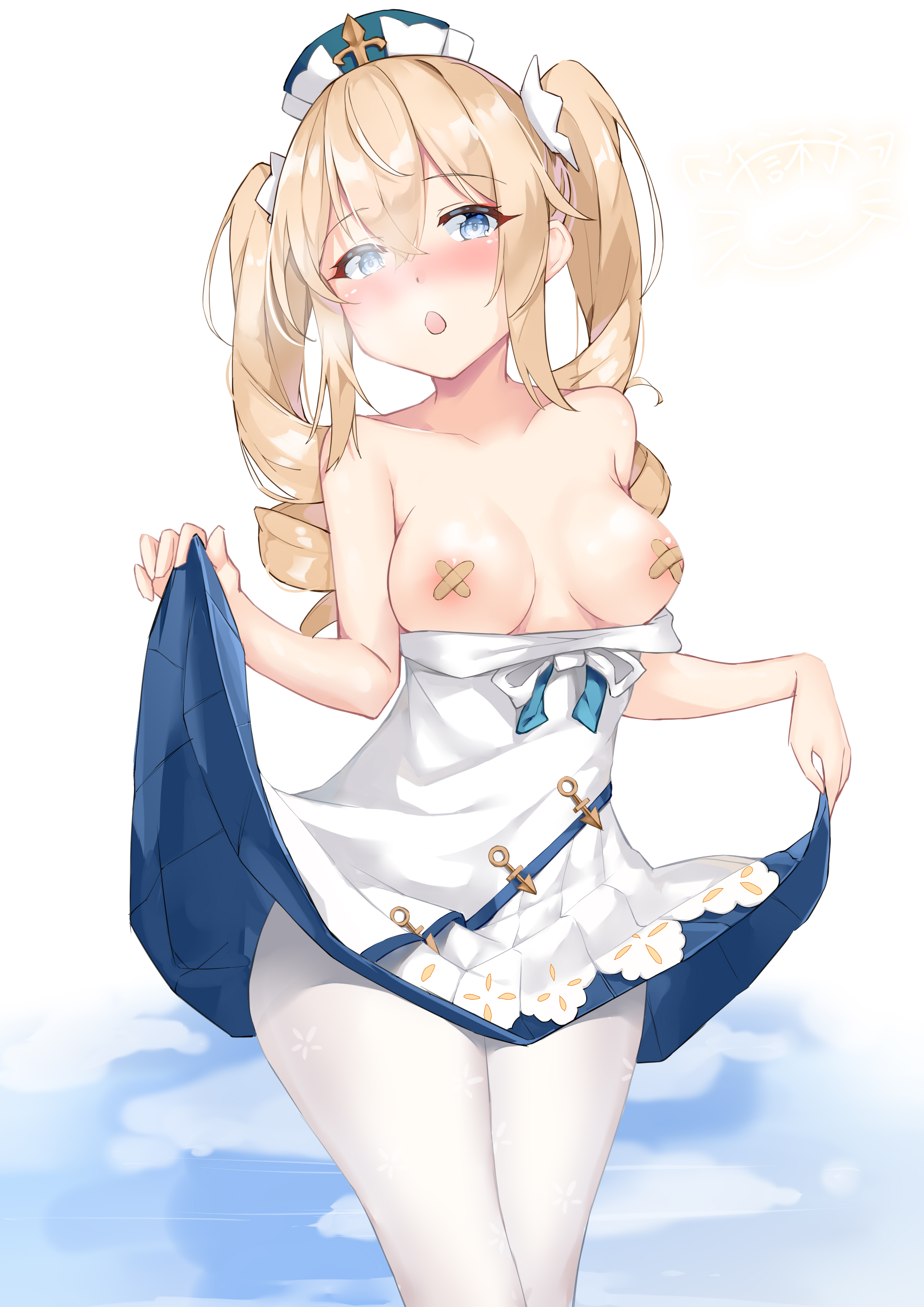 absurdres, bandaid, bandaids on nipples, barbara (genshin impact), bare shoulders, blonde hair, blue eyes, blush, bow, bowtie, breasts, cleavage, clothes lift, covered nipples, cross, dress, female, genshin impact, hat, highres, lifted by self, long sleeves, looking at viewer, medium breasts, nipples, nun, open mouth, pantyhose, pasties, skirt, skirt lift, smile, solo, strapless, strapless dress, twintails, white dress, white legwear